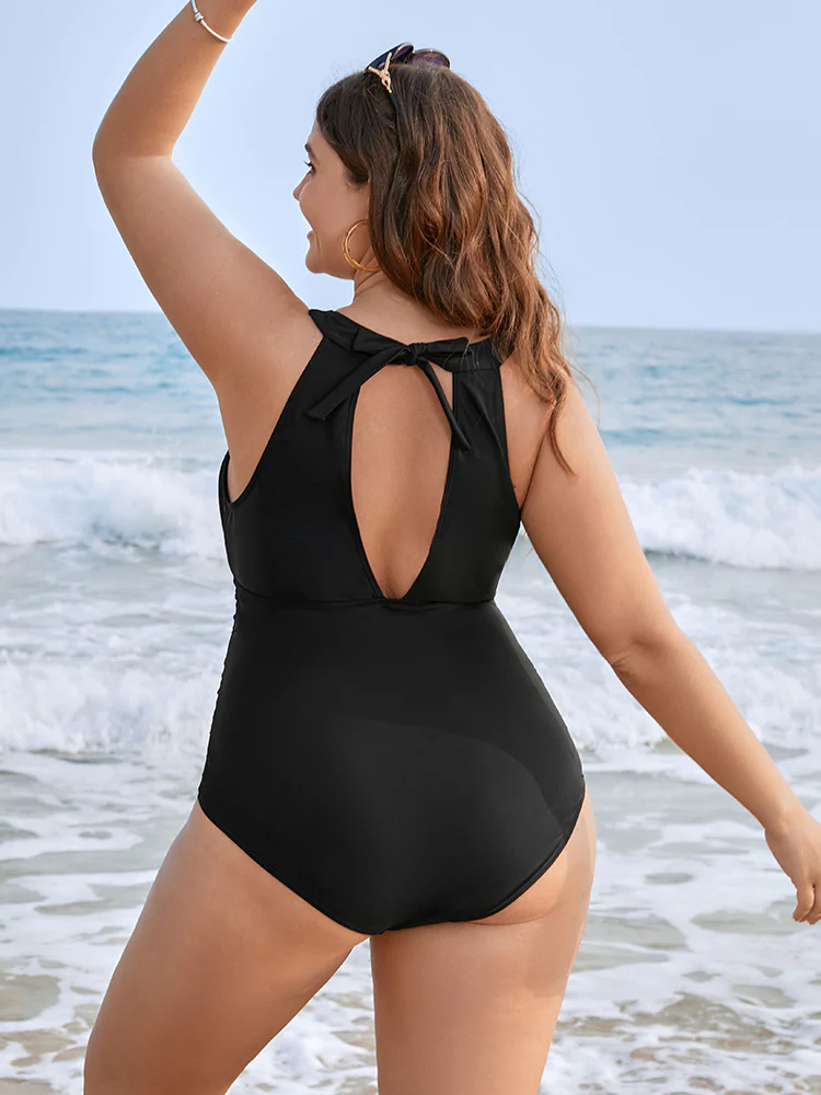 Halter Mesh Insert Knotted Back One Piece Swimsuit - Image 2