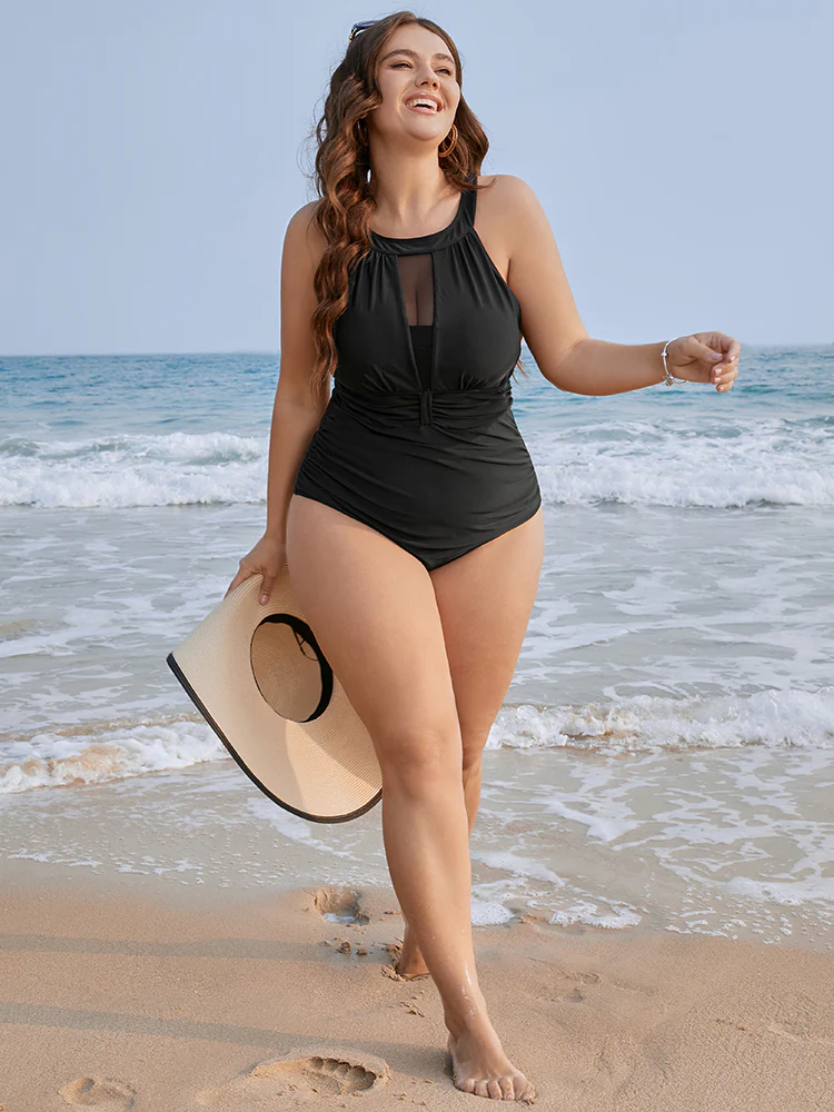 Halter Mesh Insert Knotted Back One Piece Swimsuit - Image 5