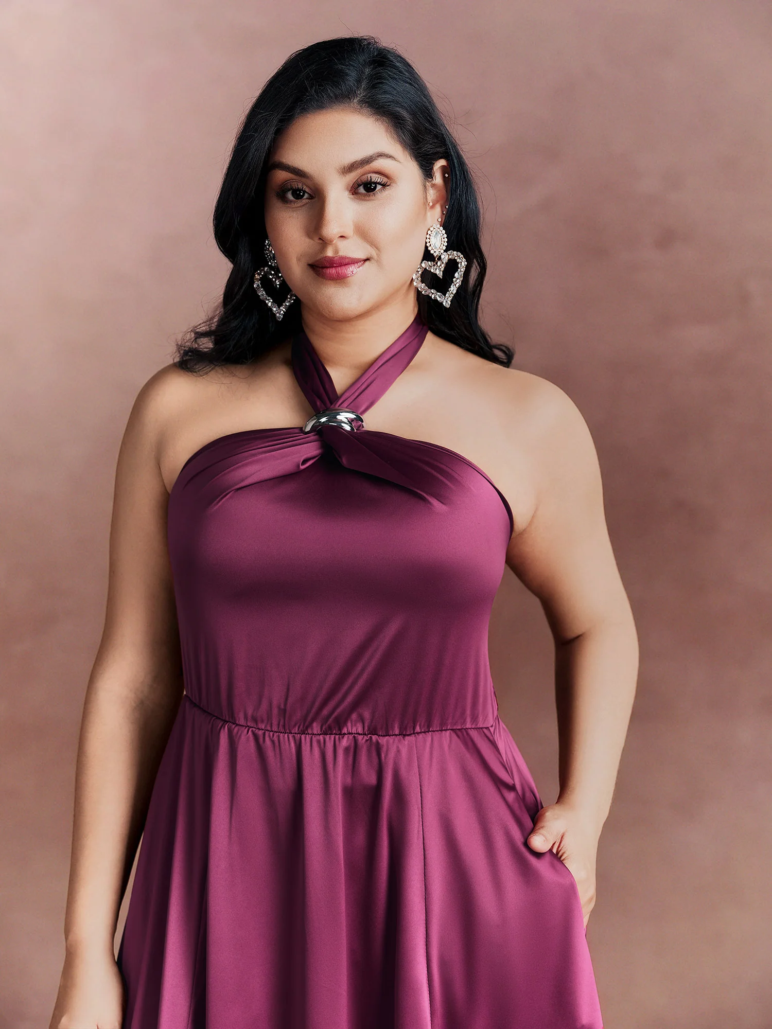 Halter Neck Metallic Detail Satin Maxi Dress - Image 2