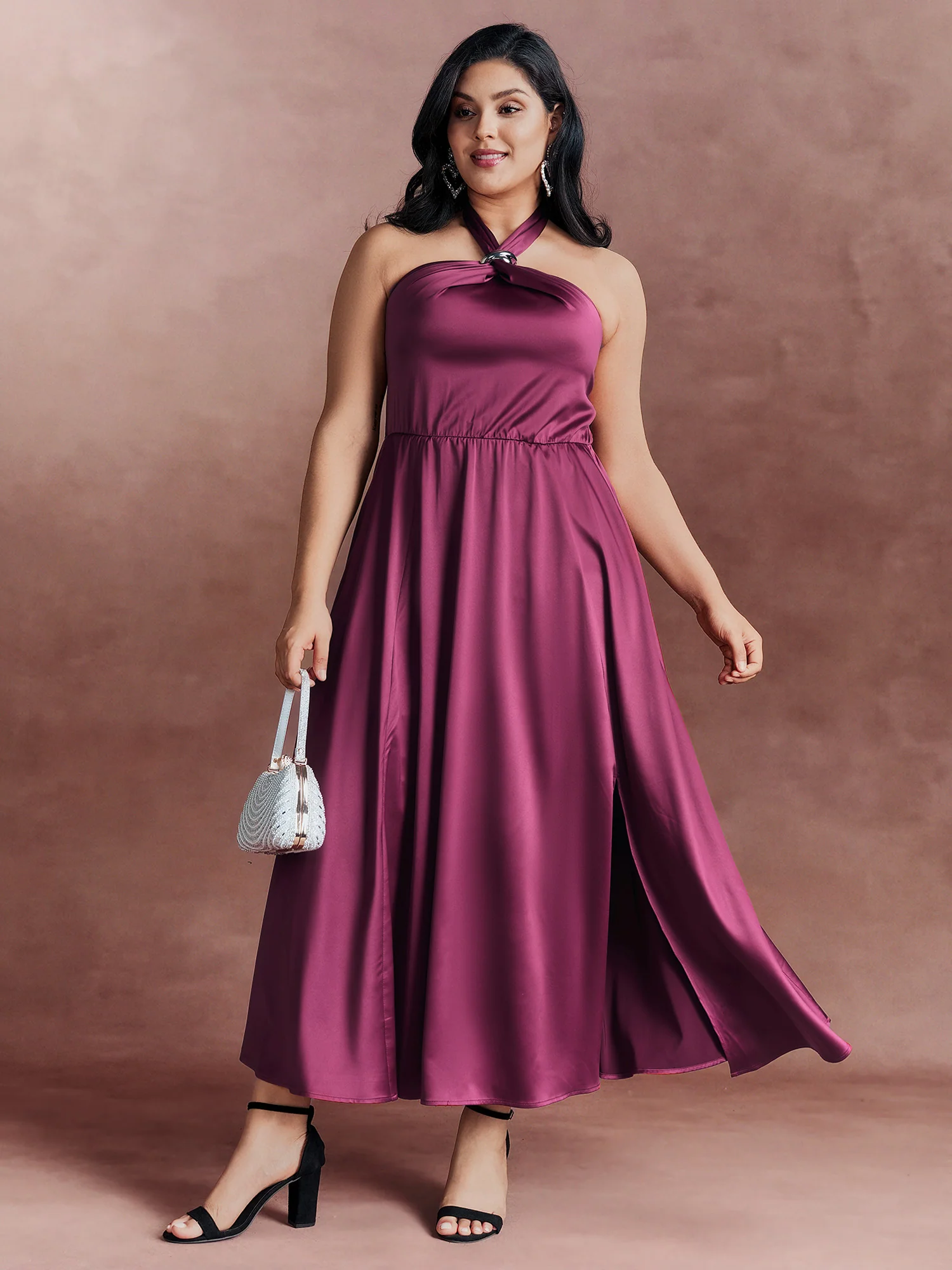 Halter Neck Metallic Detail Satin Maxi Dress - Image 3
