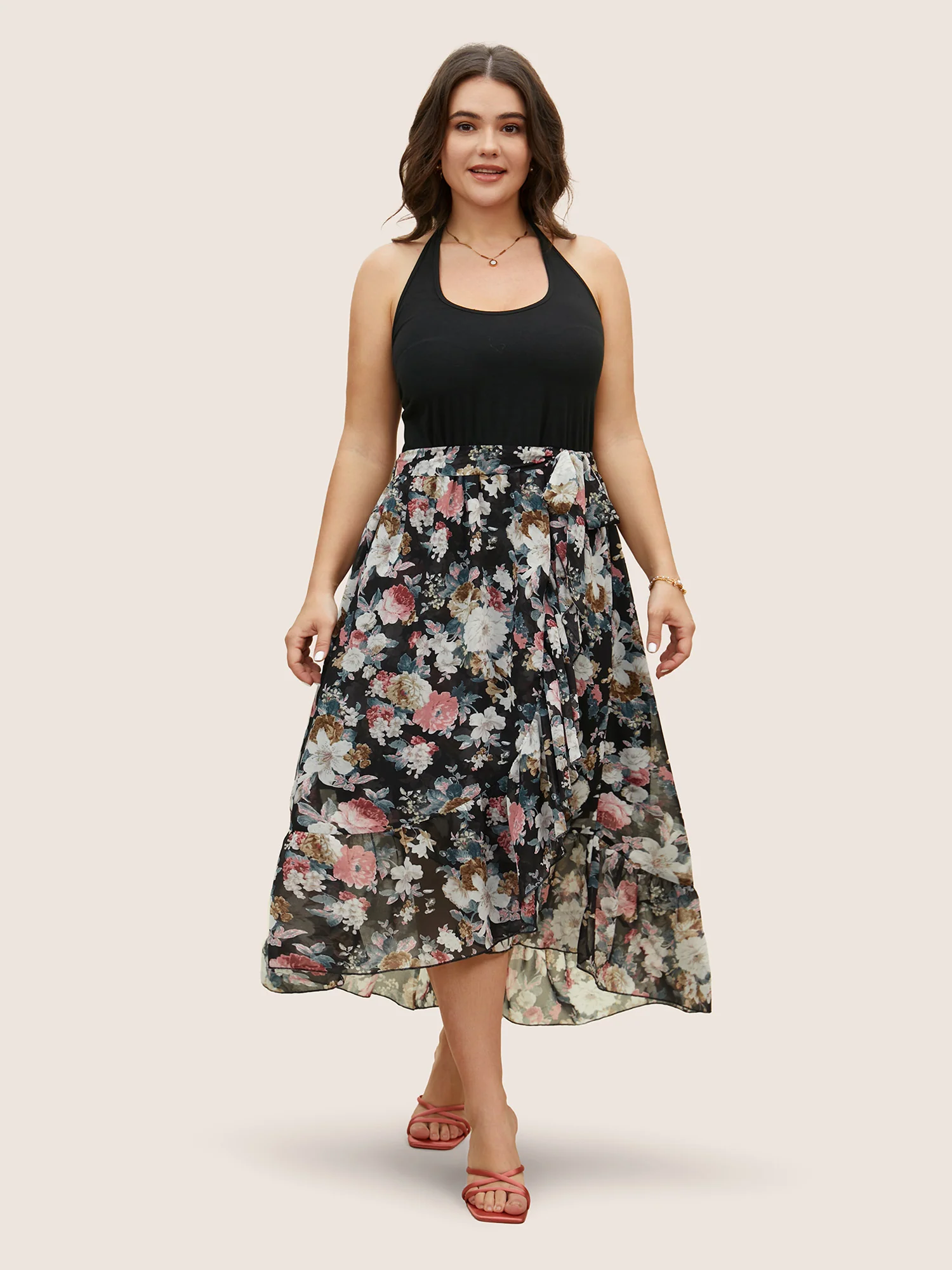 Halter Neck Patchwork Floral Belted Dress - Image 2