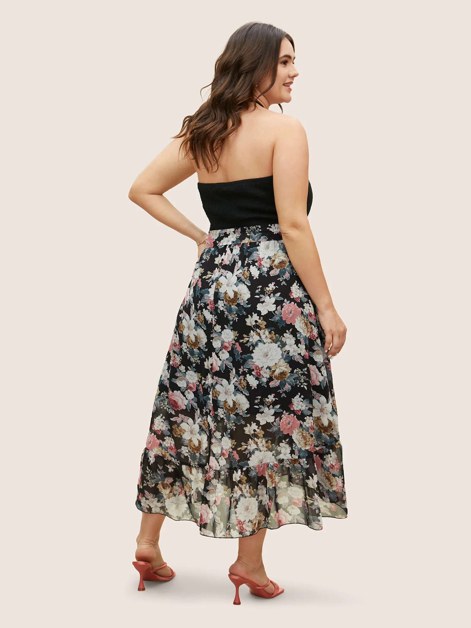 Halter Neck Patchwork Floral Belted Dress - Image 3