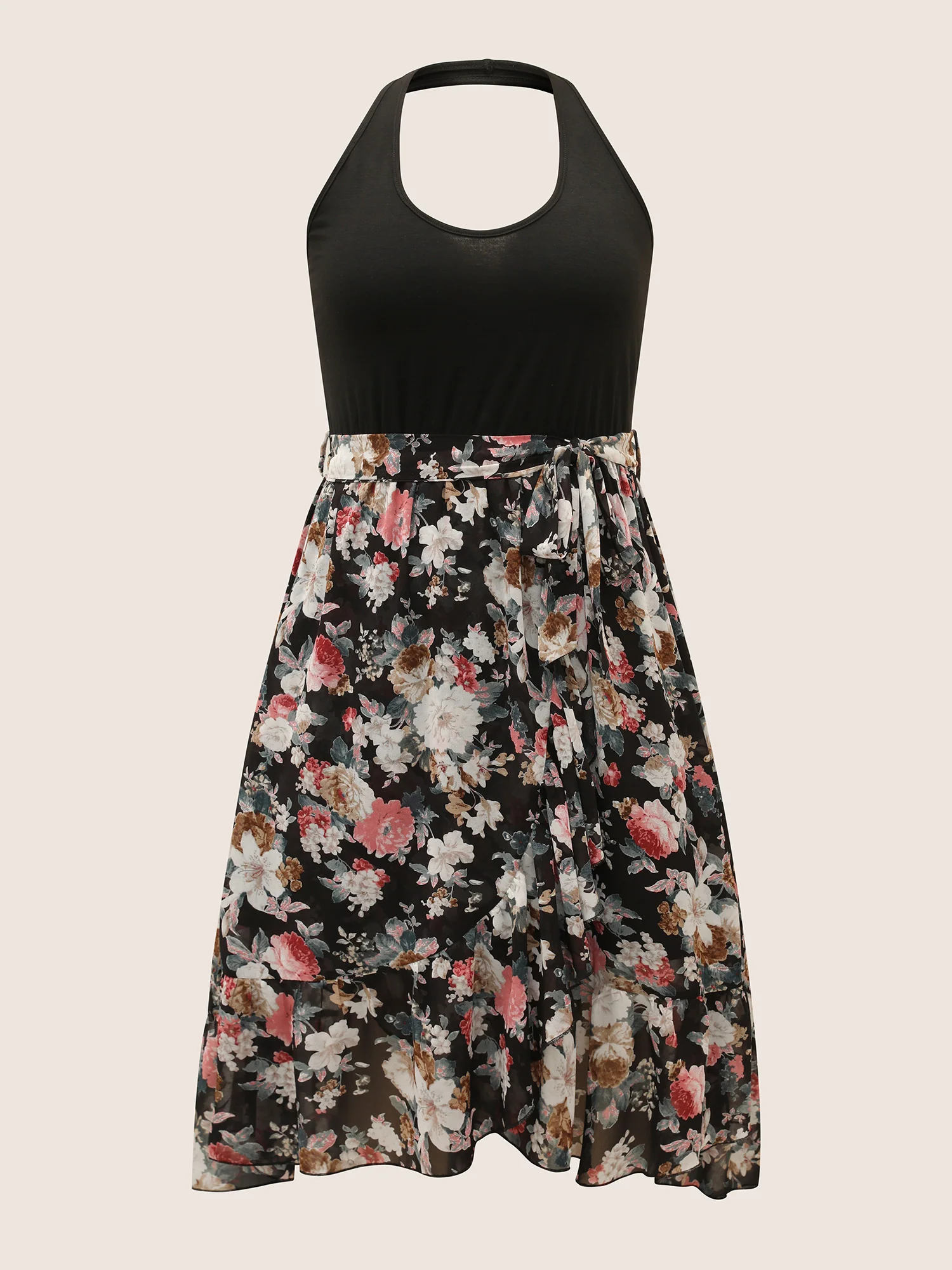 Halter Neck Patchwork Floral Belted Dress - Image 7