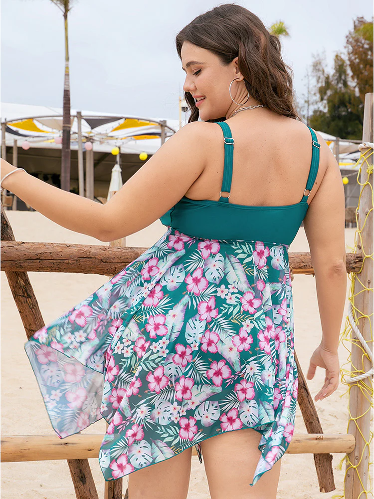 Hanky Hem Ruched A Line Floral Patchwork Swim Dress - Image 2