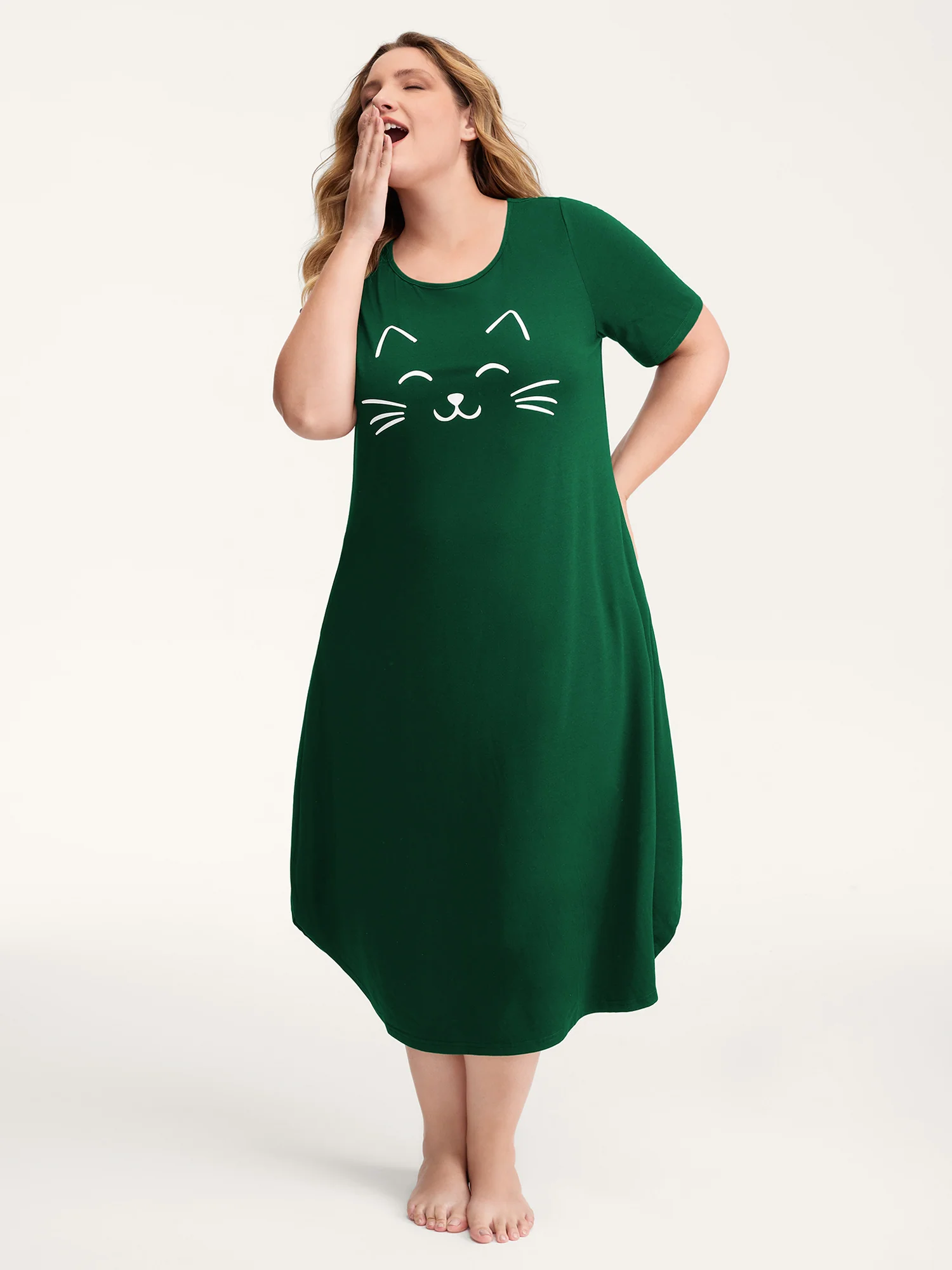 Happy Cat Print Stretchy Contrast Nightgown - Image 11