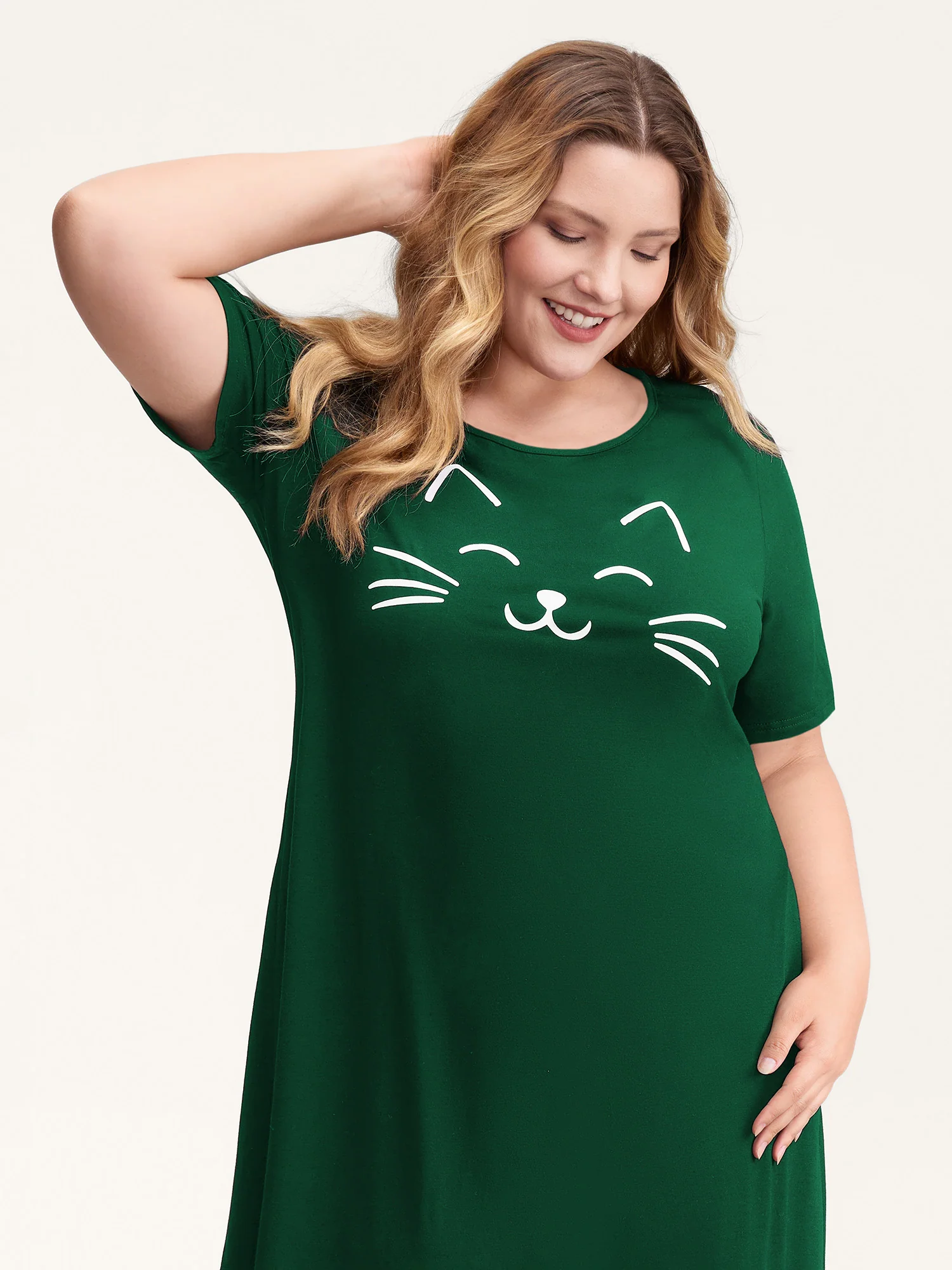 Happy Cat Print Stretchy Contrast Nightgown - Image 12