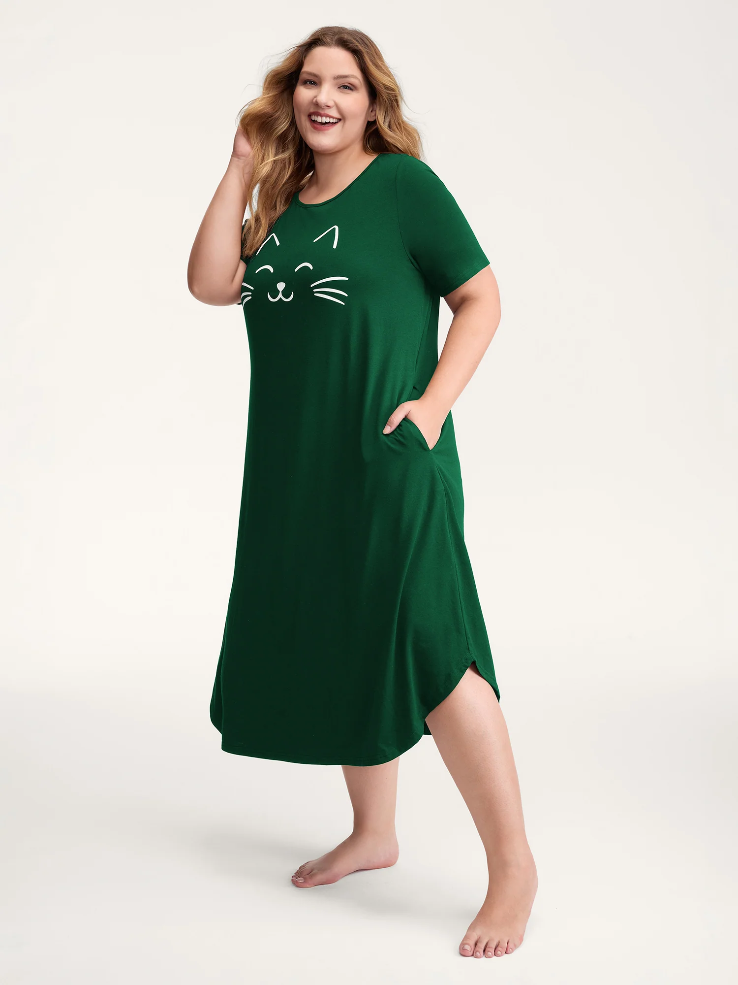 Happy Cat Print Stretchy Contrast Nightgown - Image 13