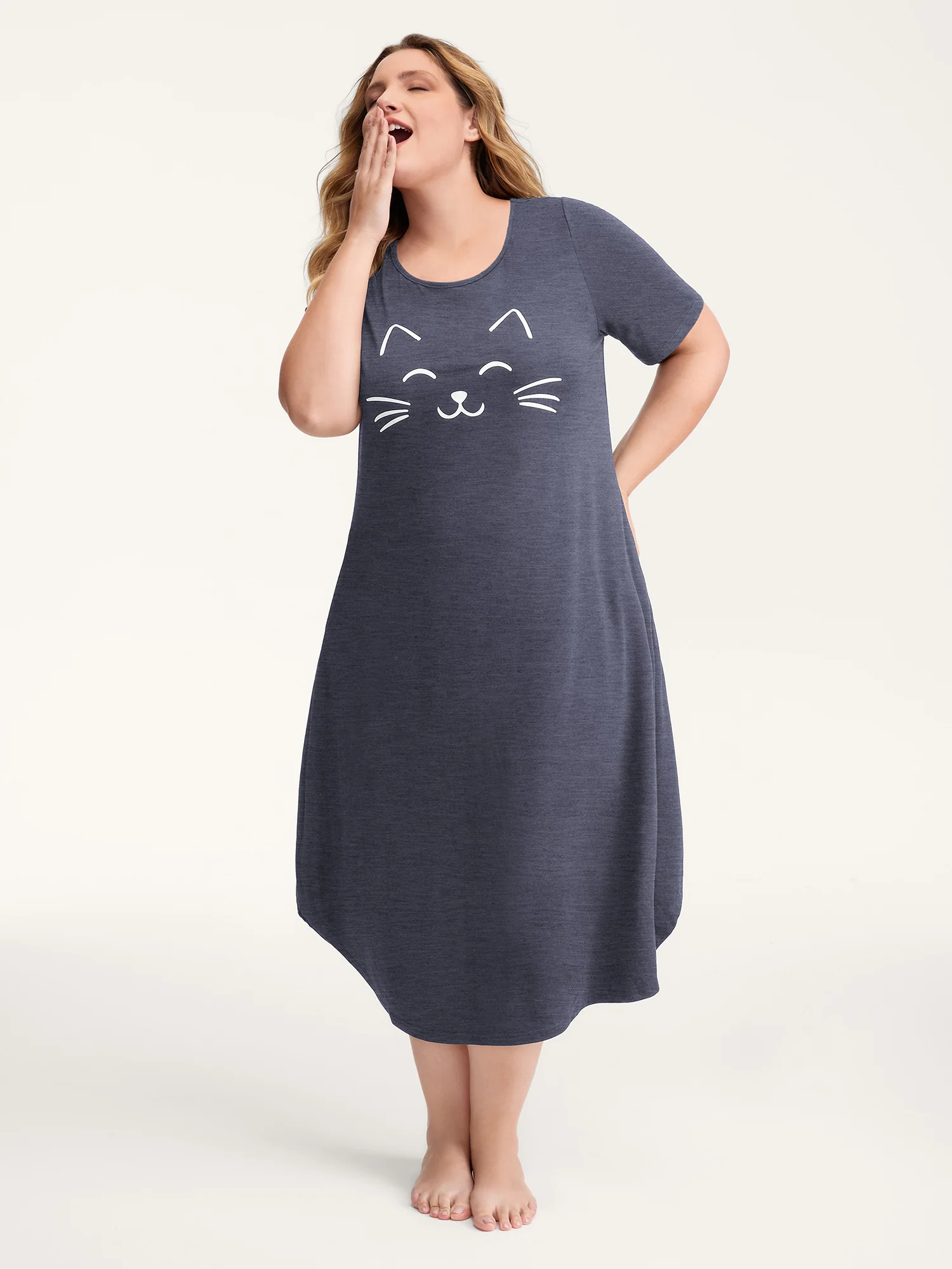 Happy Cat Print Stretchy Contrast Nightgown - Image 15