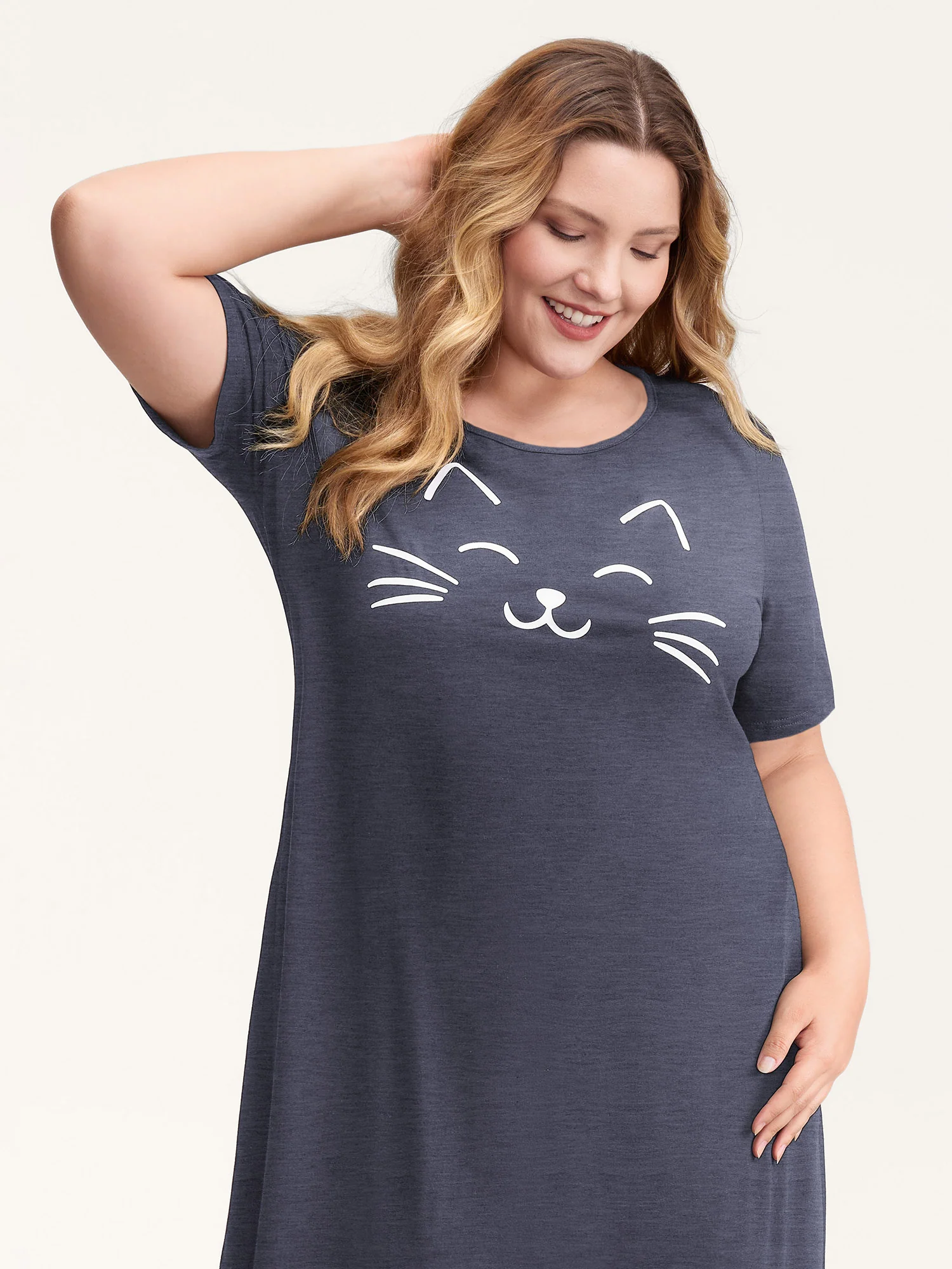 Happy Cat Print Stretchy Contrast Nightgown - Image 16