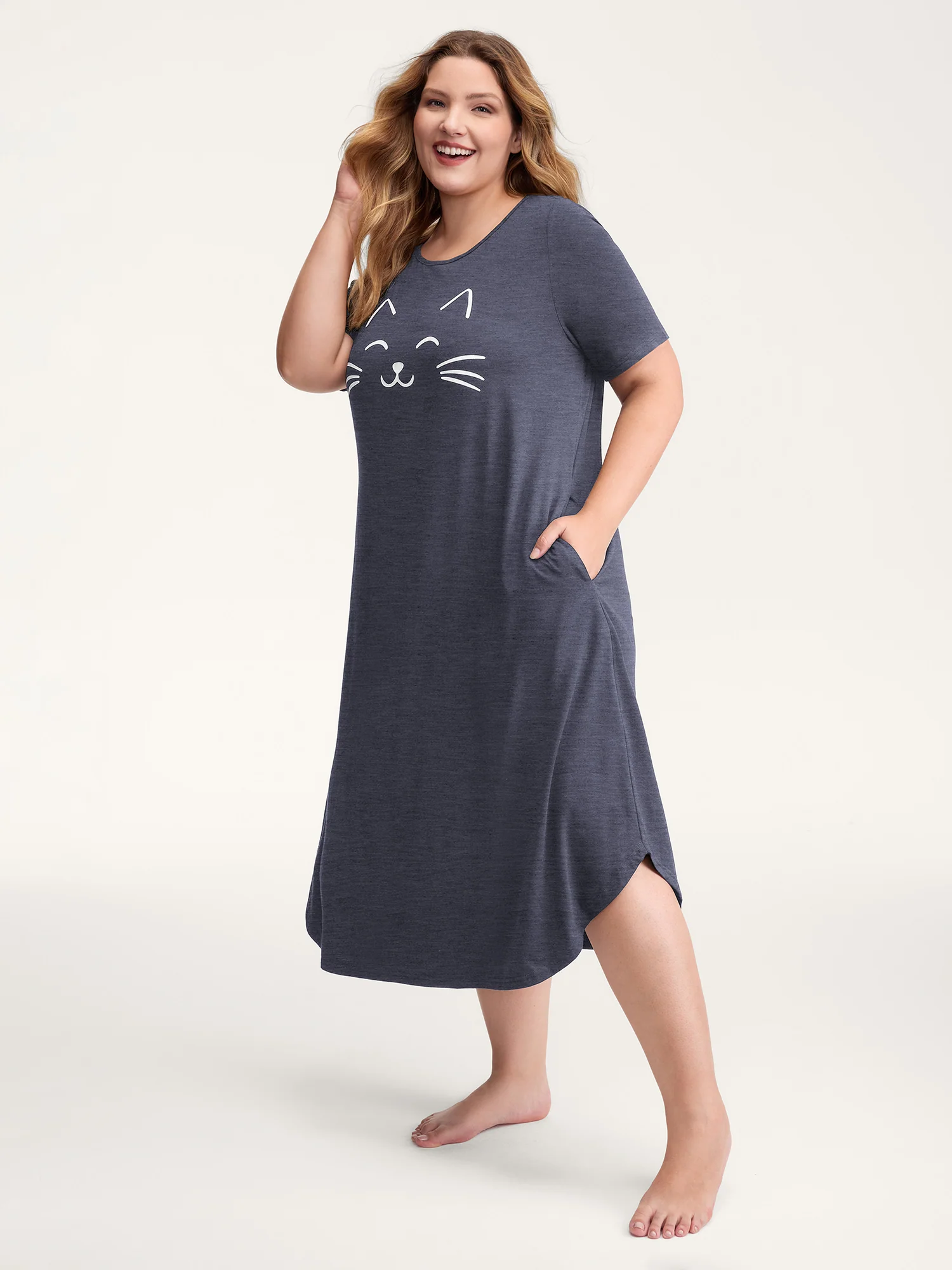 Happy Cat Print Stretchy Contrast Nightgown - Image 17