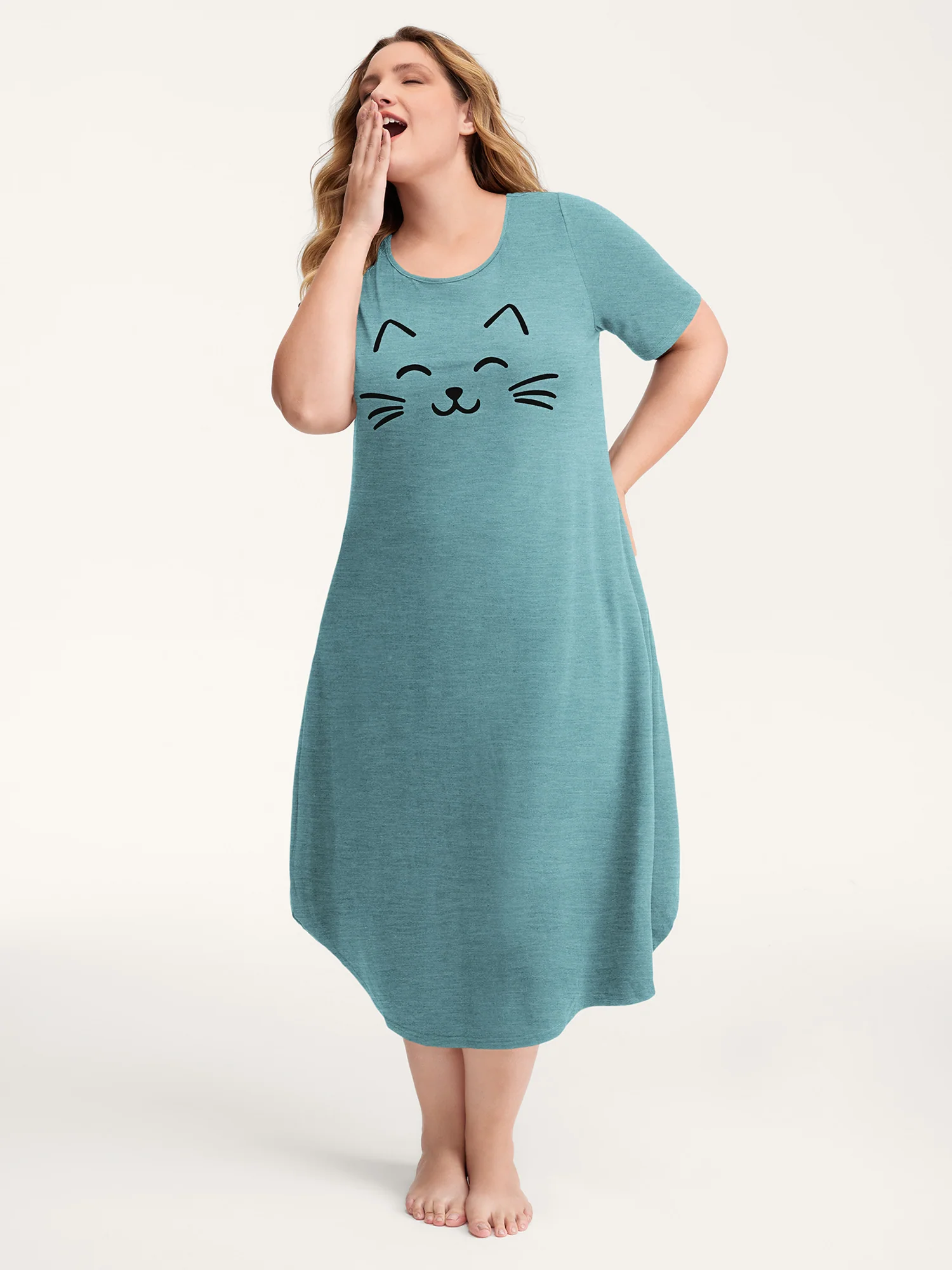 Happy Cat Print Stretchy Contrast Nightgown - Image 19
