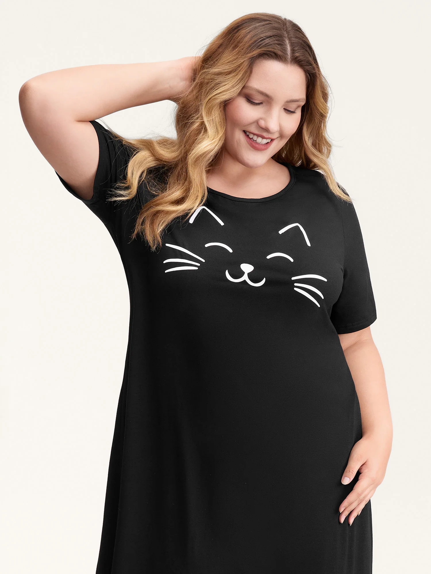 Happy Cat Print Stretchy Contrast Nightgown - Image 2