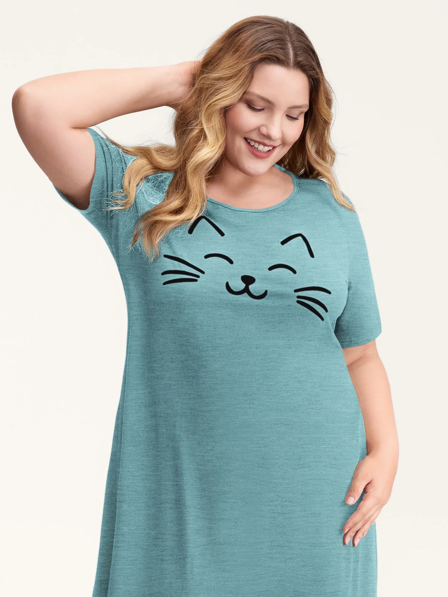 Happy Cat Print Stretchy Contrast Nightgown - Image 20