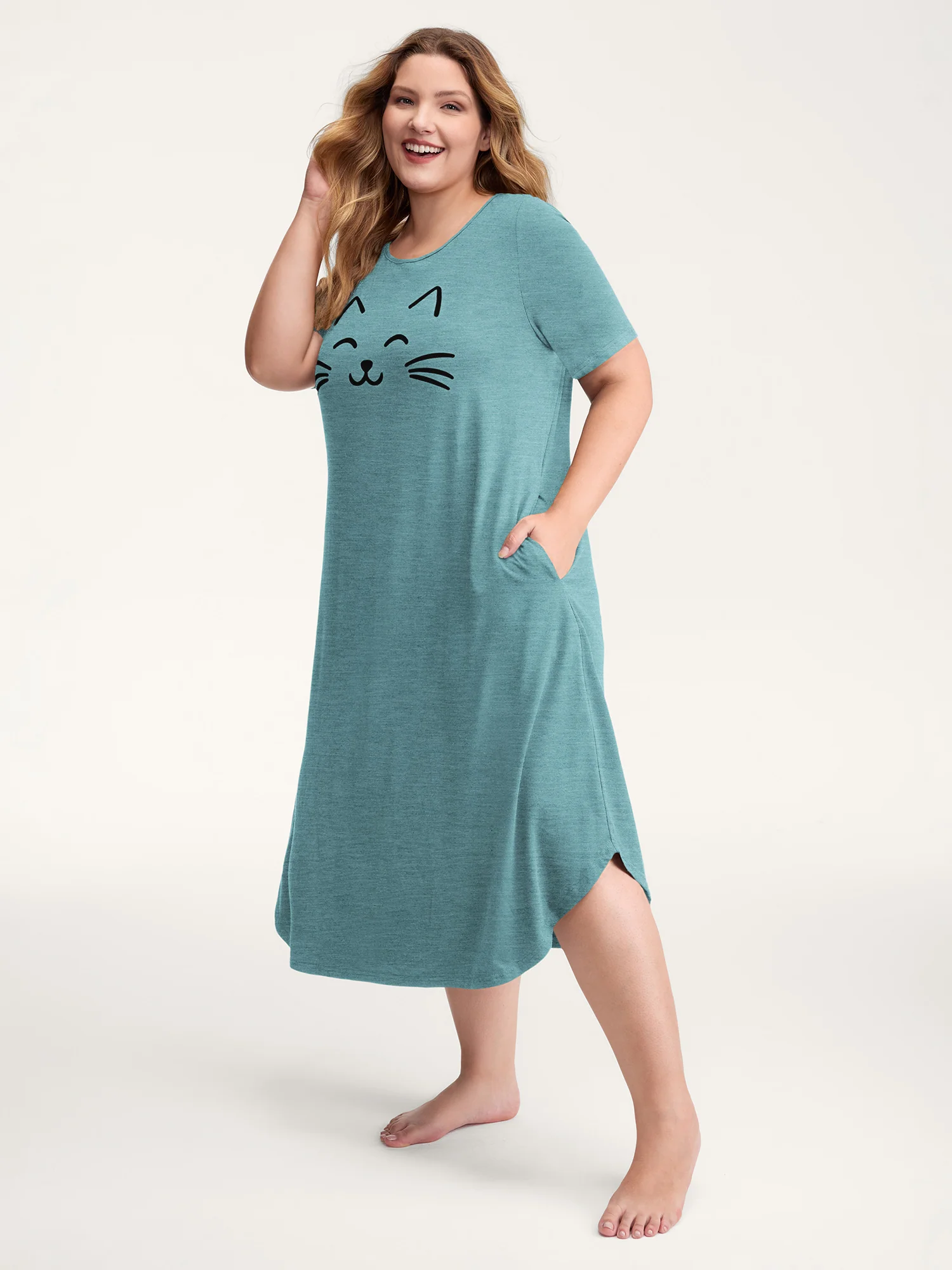 Happy Cat Print Stretchy Contrast Nightgown - Image 21
