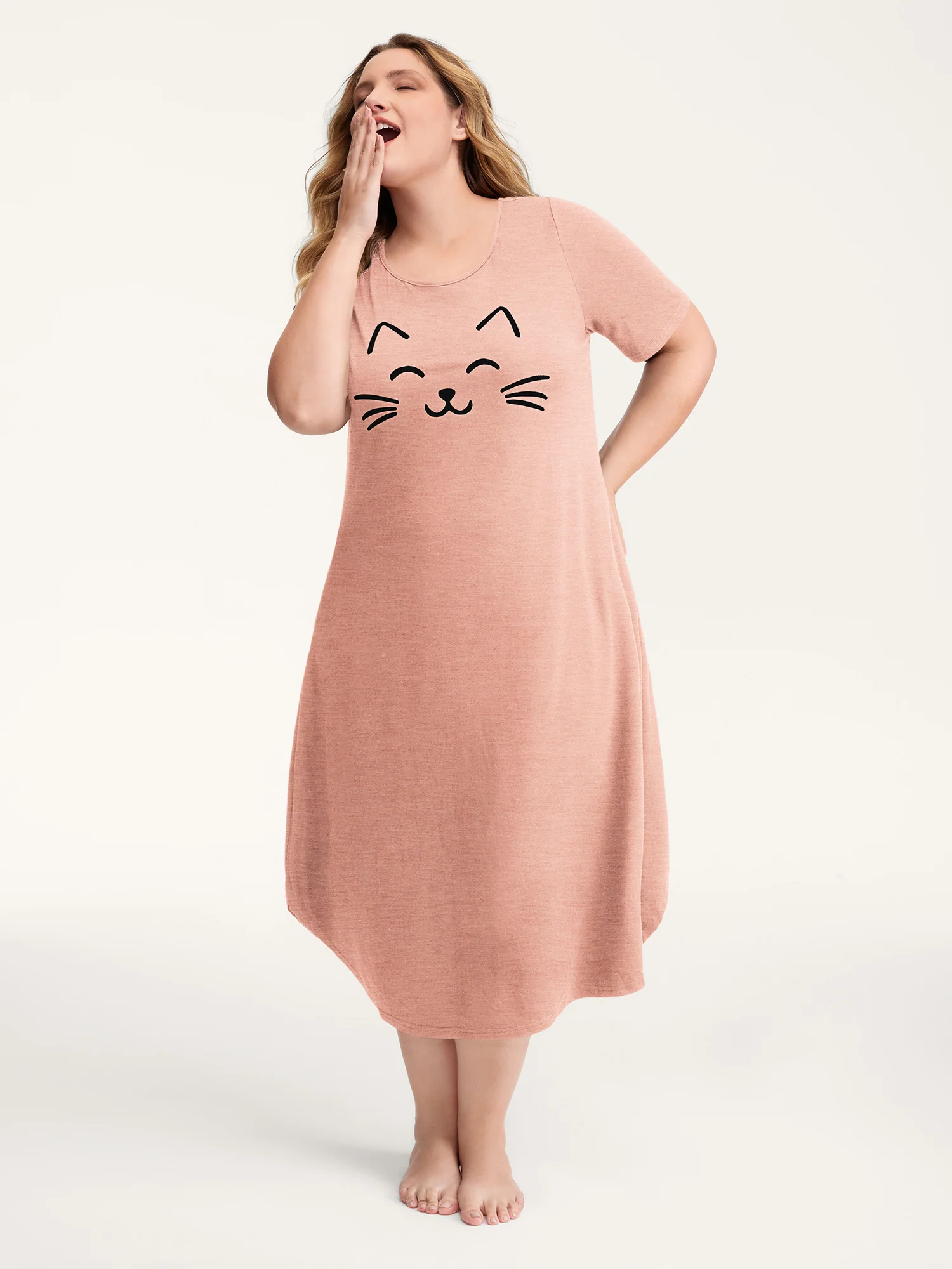 Happy Cat Print Stretchy Contrast Nightgown - Image 23