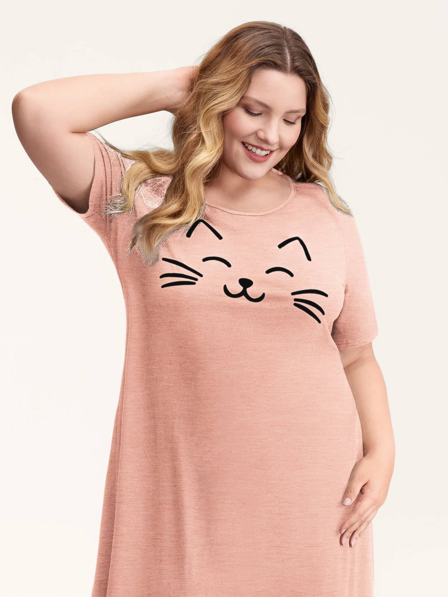 Happy Cat Print Stretchy Contrast Nightgown - Image 24