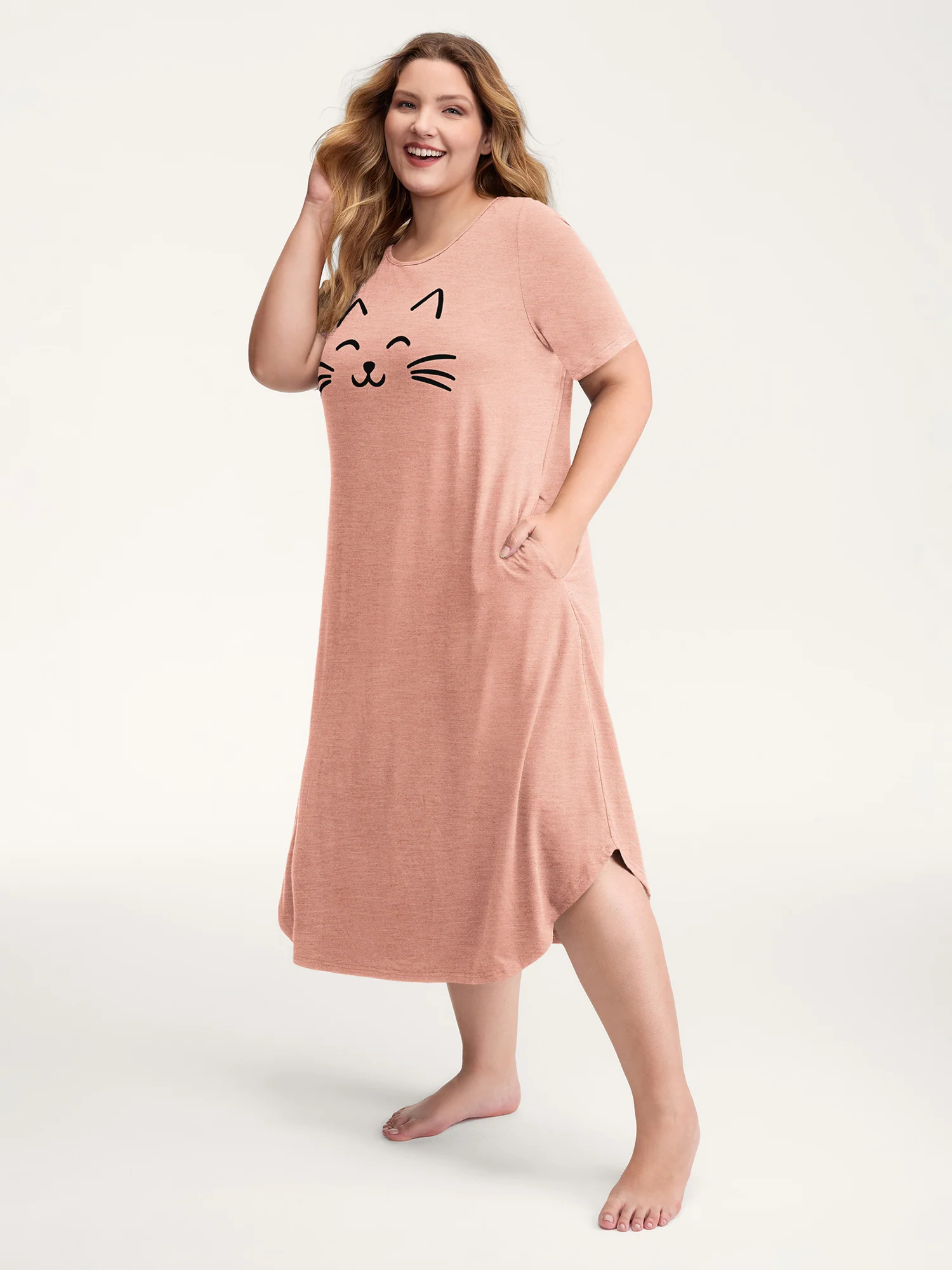 Happy Cat Print Stretchy Contrast Nightgown - Image 25