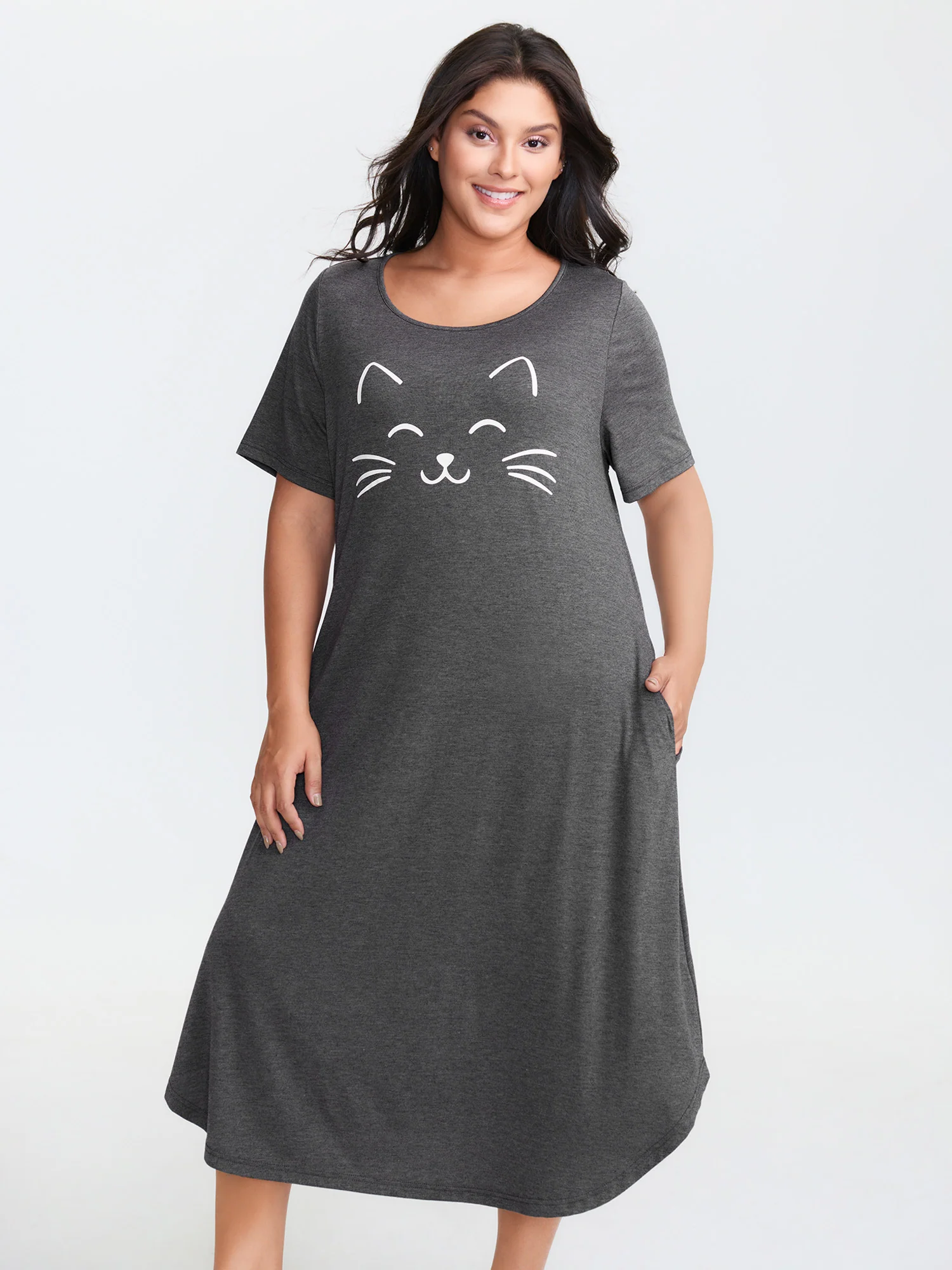 Happy Cat Print Stretchy Contrast Nightgown - Image 27