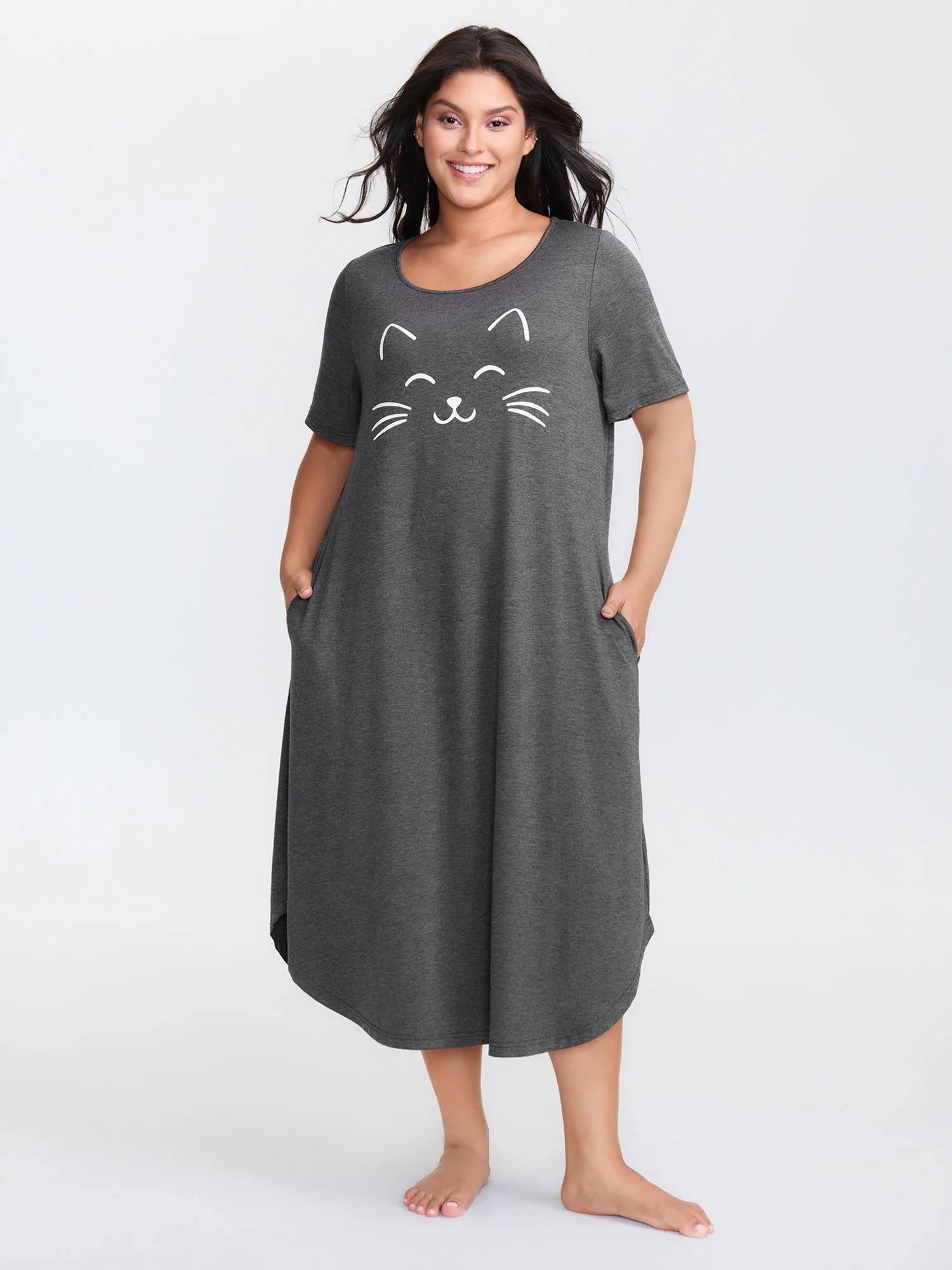 Happy Cat Print Stretchy Contrast Nightgown - Image 28