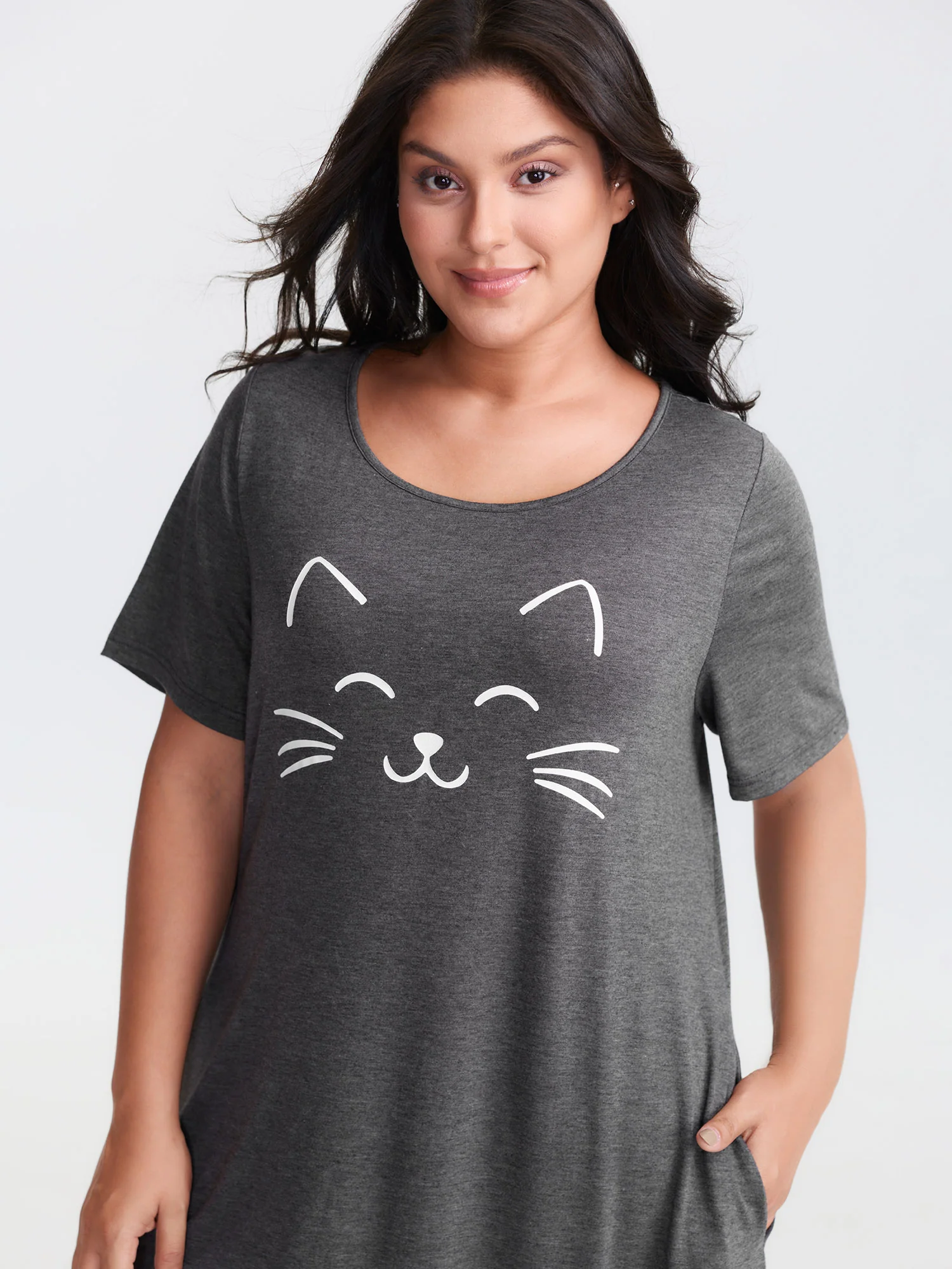 Happy Cat Print Stretchy Contrast Nightgown - Image 29