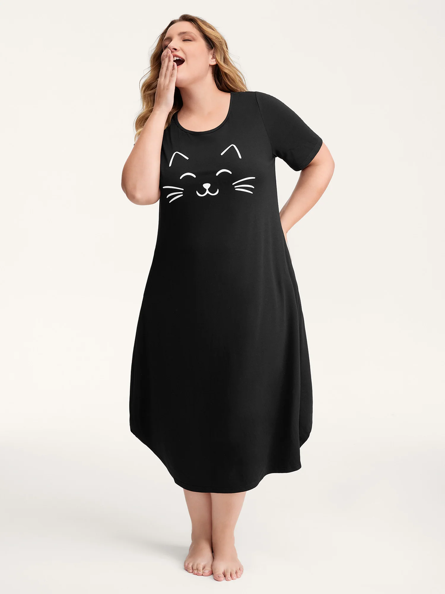 Happy Cat Print Stretchy Contrast Nightgown - Image 3