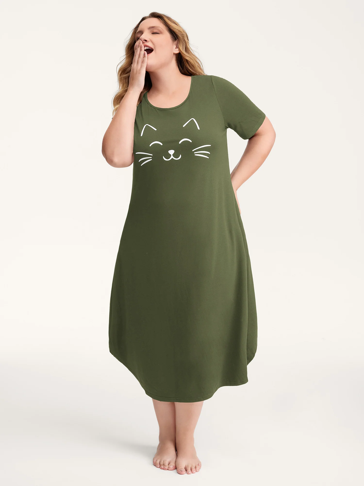 Happy Cat Print Stretchy Contrast Nightgown - Image 31