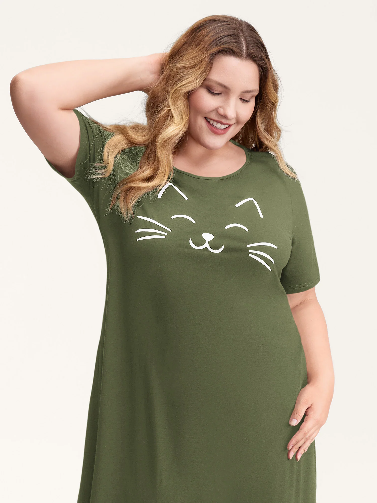 Happy Cat Print Stretchy Contrast Nightgown - Image 32