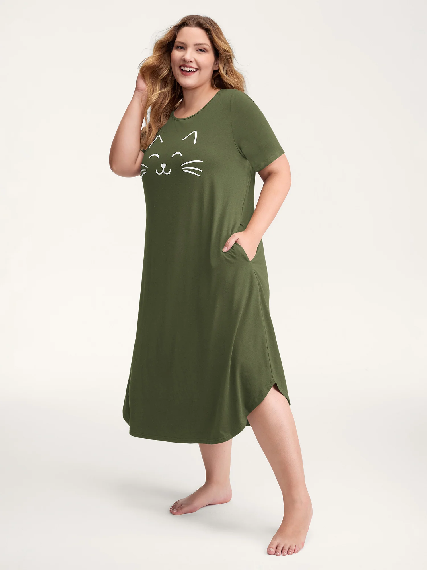 Happy Cat Print Stretchy Contrast Nightgown - Image 33