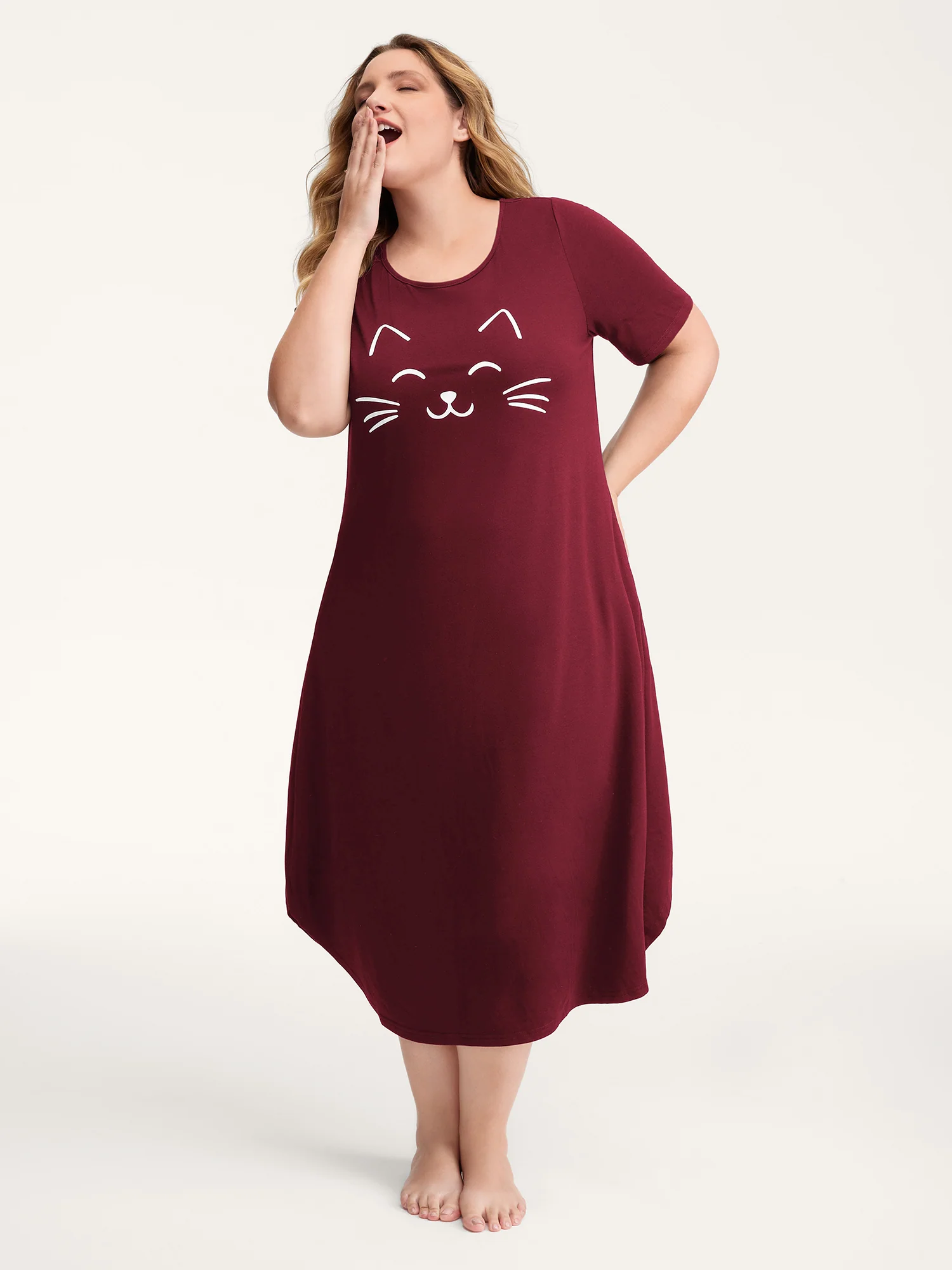 Happy Cat Print Stretchy Contrast Nightgown - Image 35