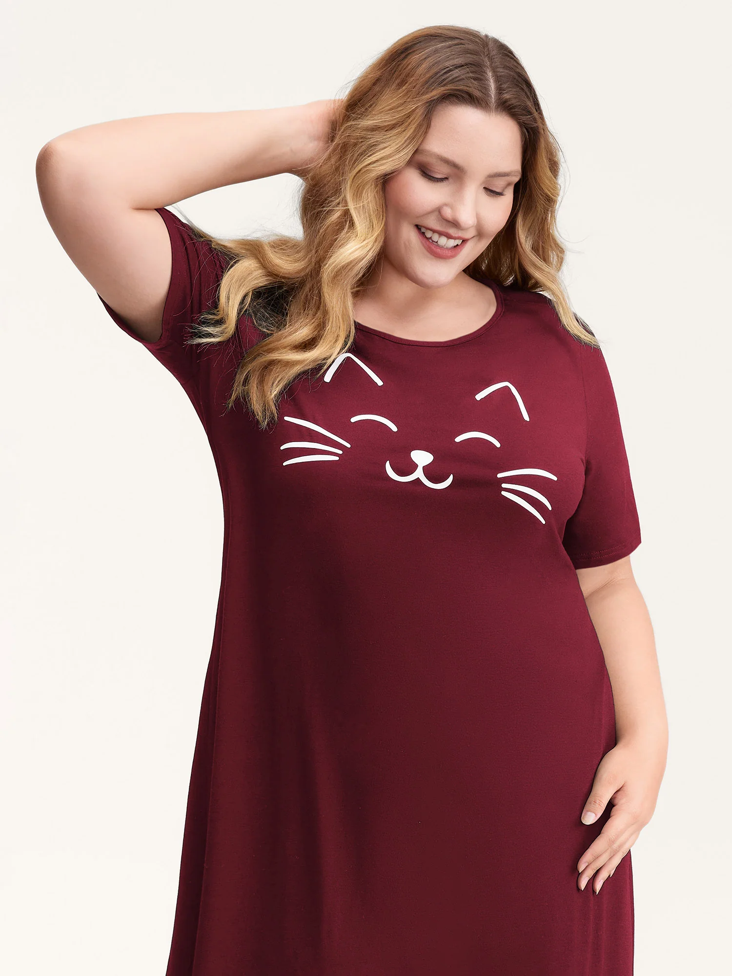 Happy Cat Print Stretchy Contrast Nightgown - Image 36