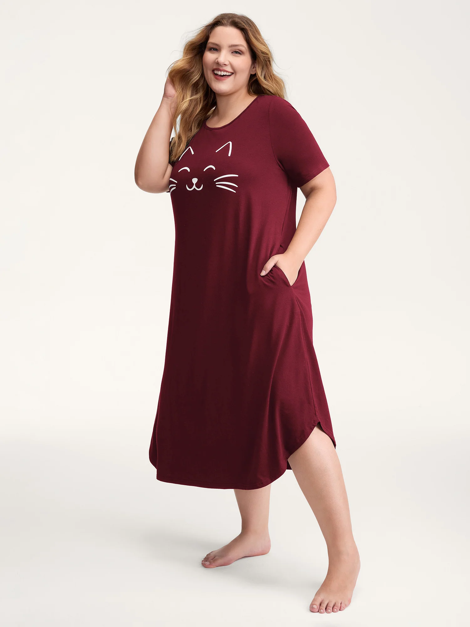 Happy Cat Print Stretchy Contrast Nightgown - Image 37
