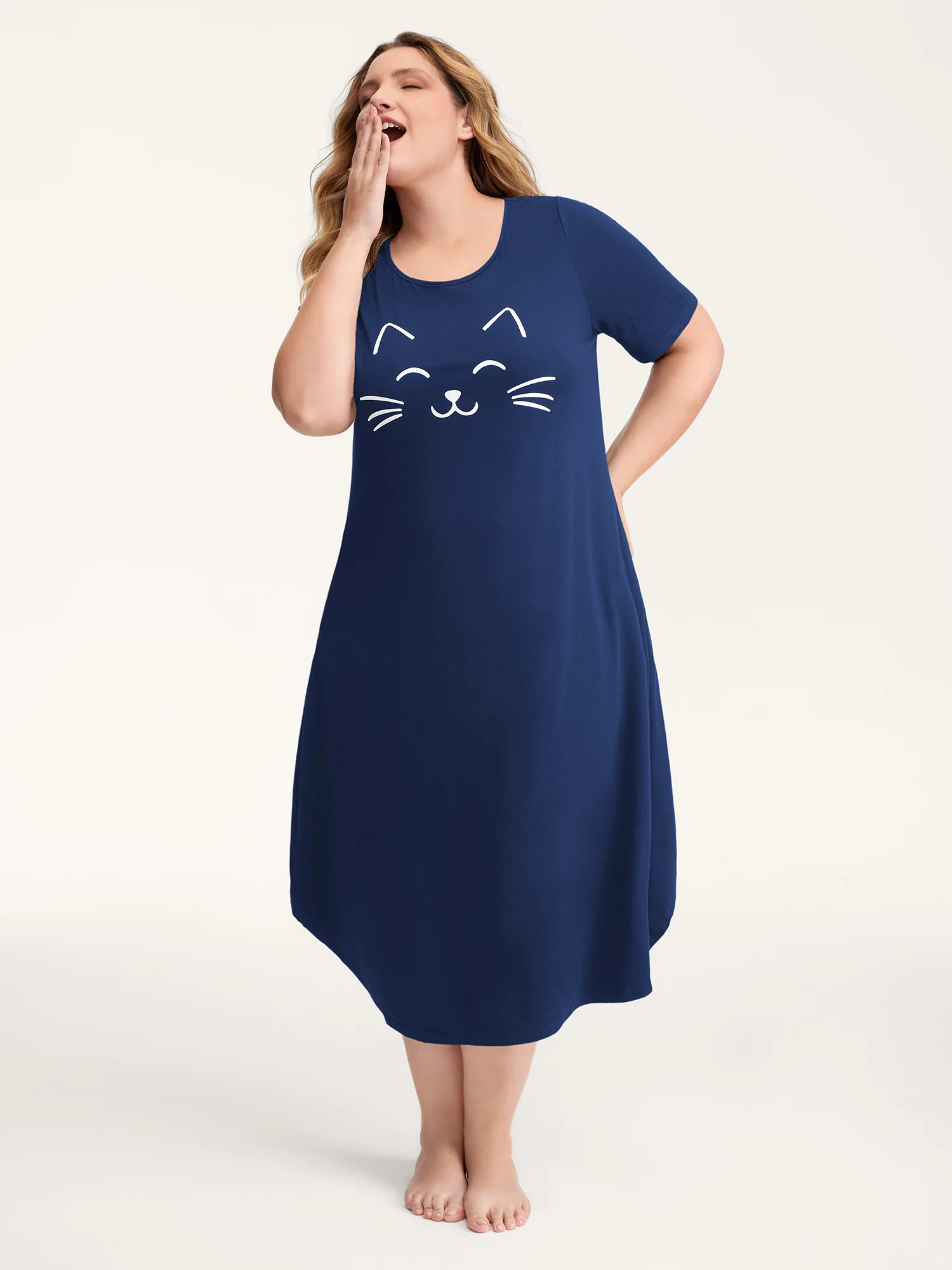 Happy Cat Print Stretchy Contrast Nightgown - Image 39