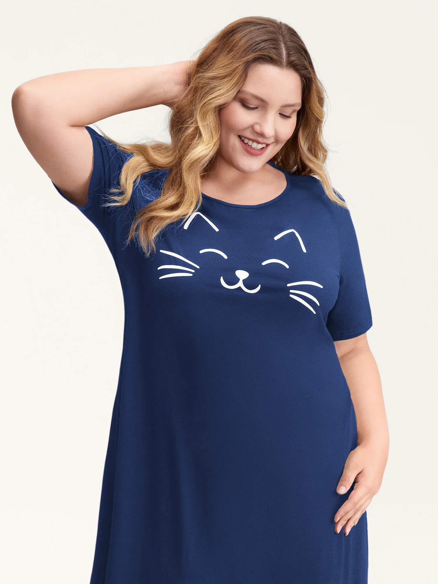 Happy Cat Print Stretchy Contrast Nightgown - Image 40