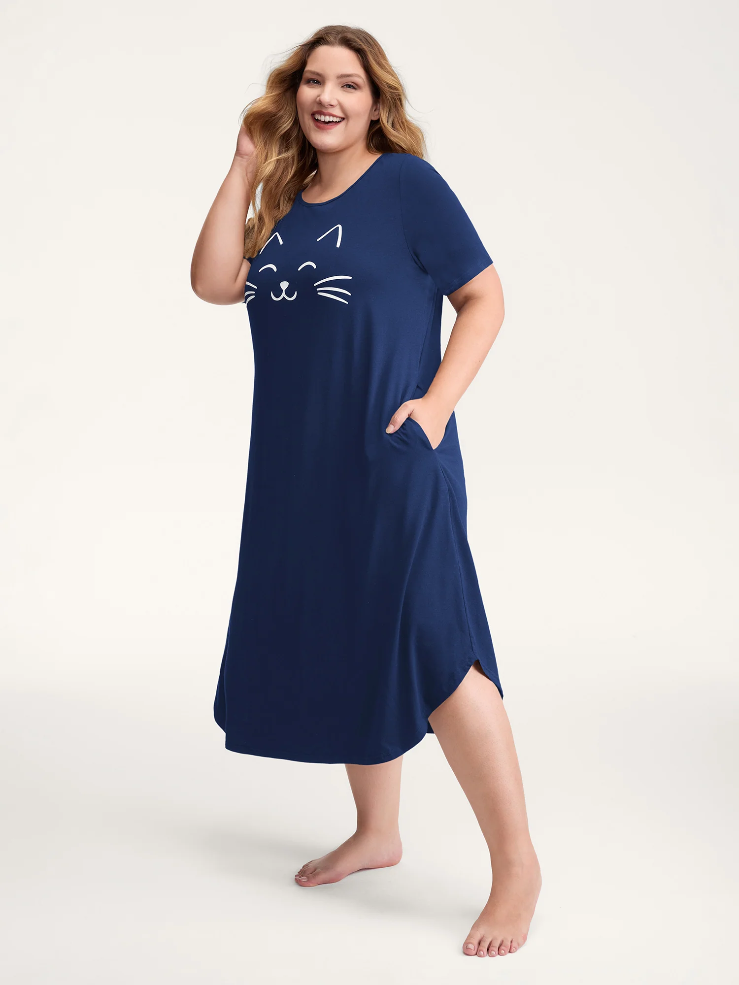 Happy Cat Print Stretchy Contrast Nightgown - Image 41