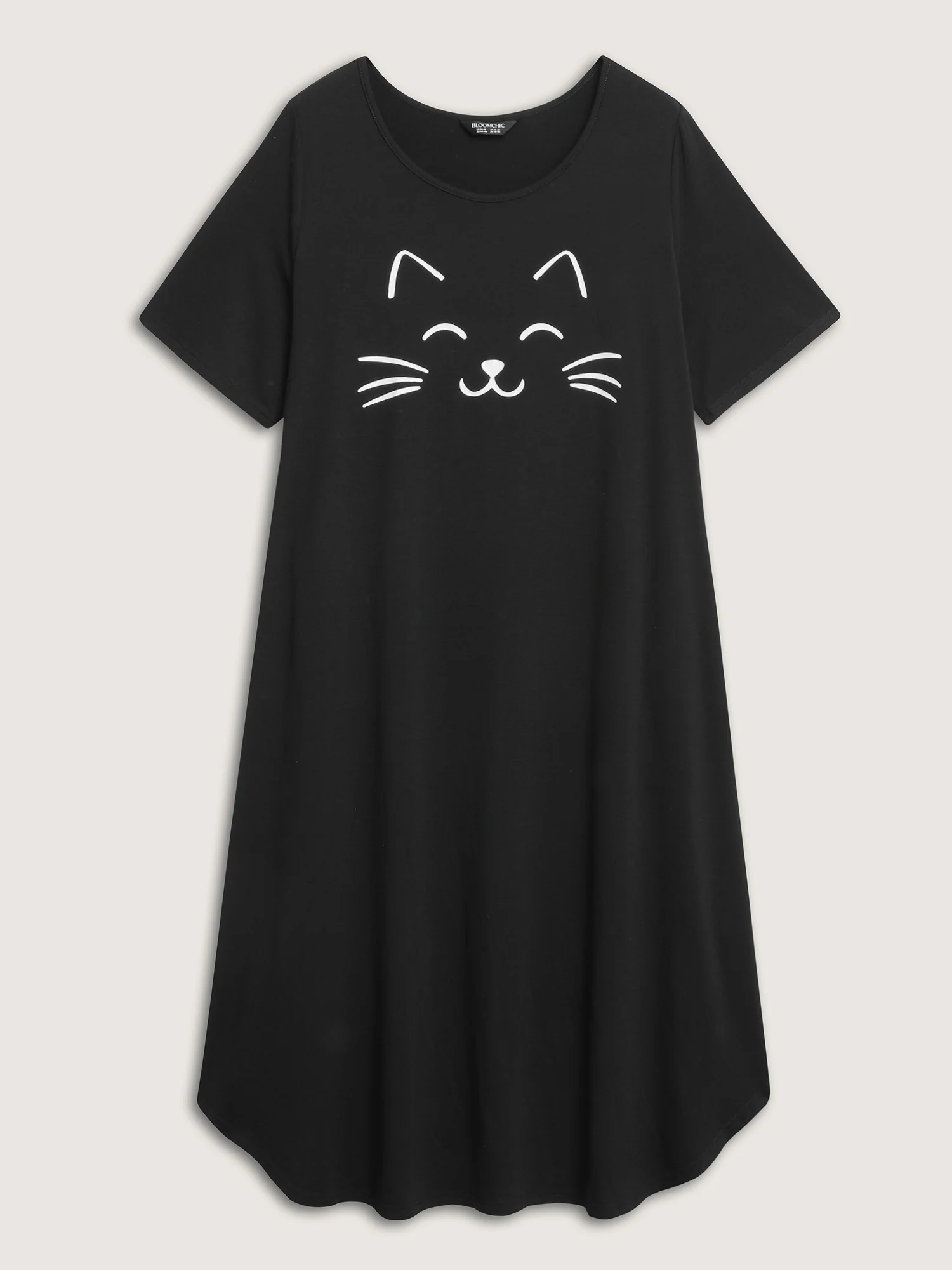 Happy Cat Print Stretchy Contrast Nightgown - Image 6