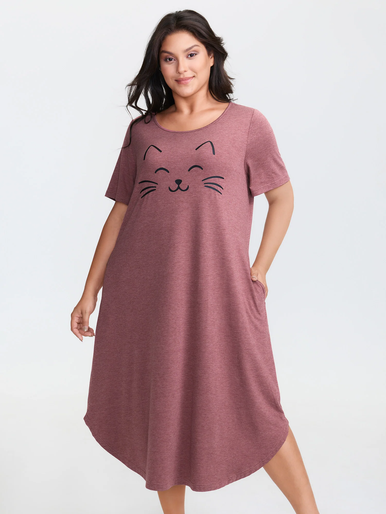 Happy Cat Print Stretchy Contrast Nightgown - Image 7