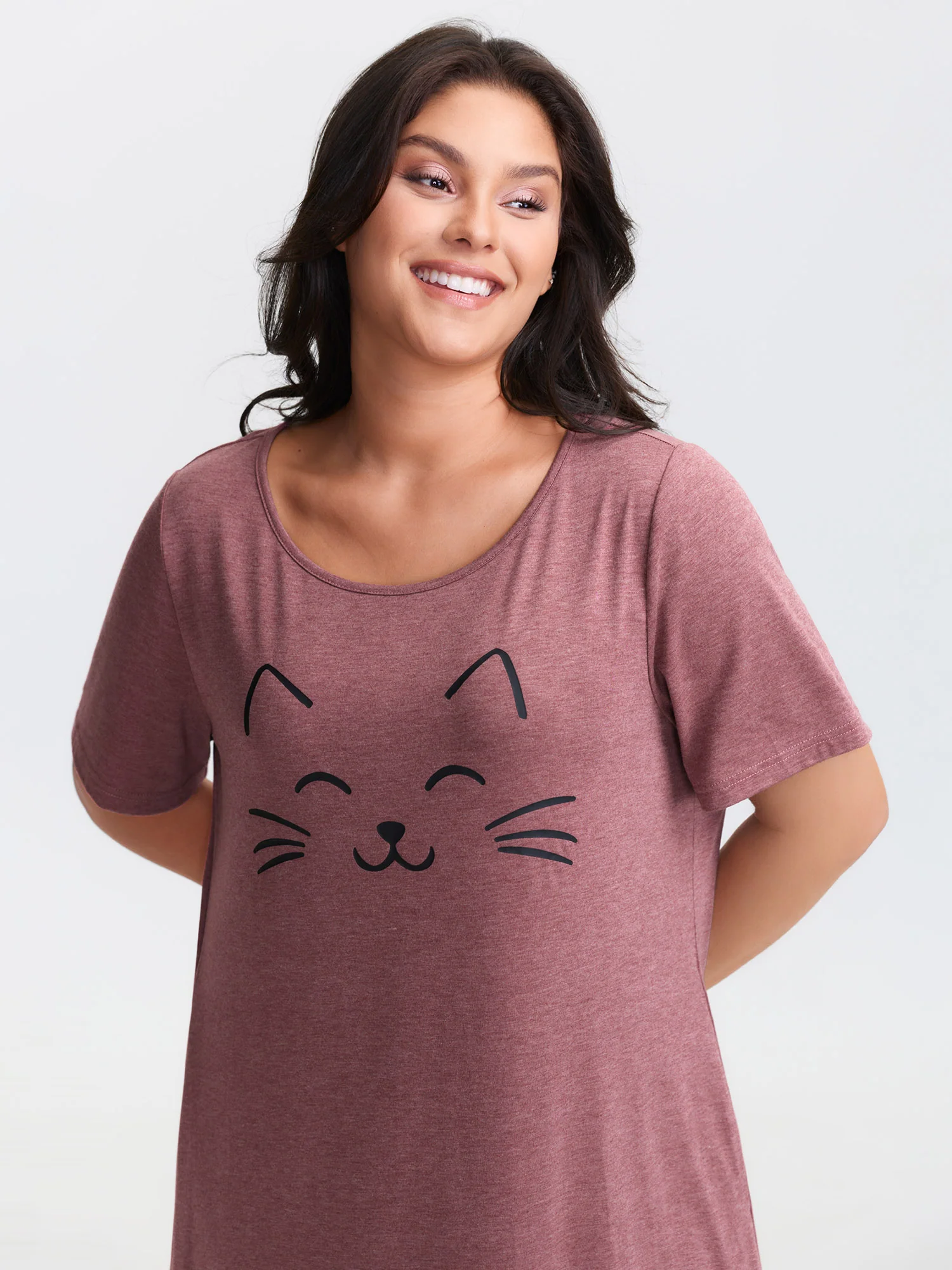 Happy Cat Print Stretchy Contrast Nightgown - Image 8