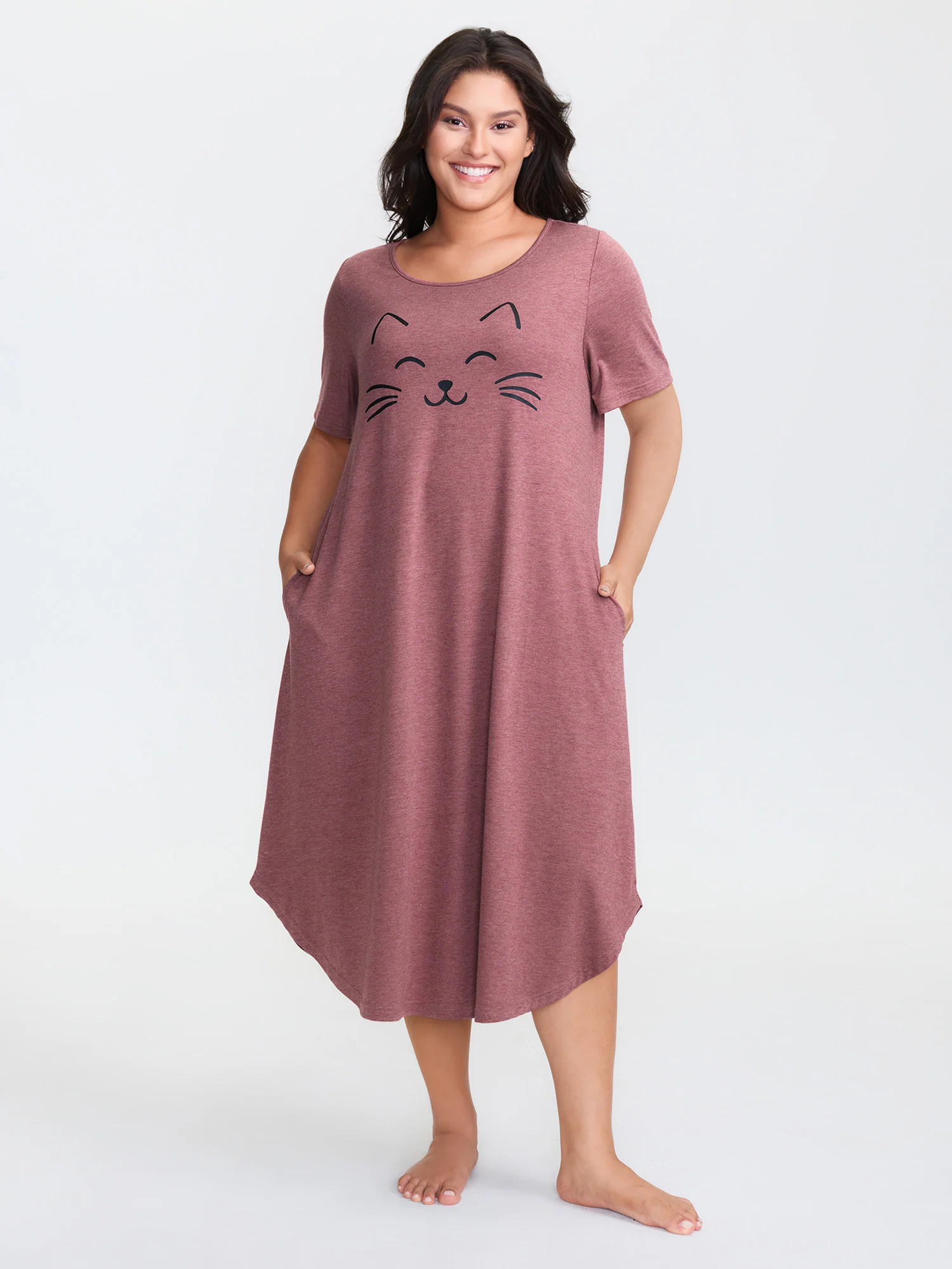 Happy Cat Print Stretchy Contrast Nightgown - Image 9