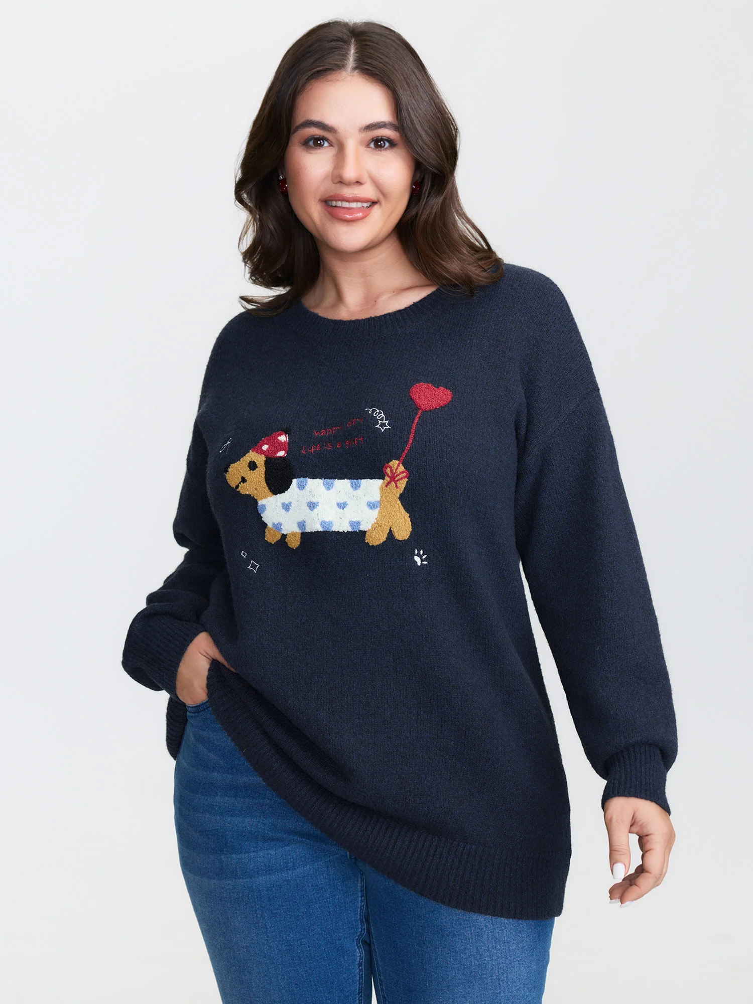 Happy Day Embroidered Motif Drop Shoulder Pullover - Image 2