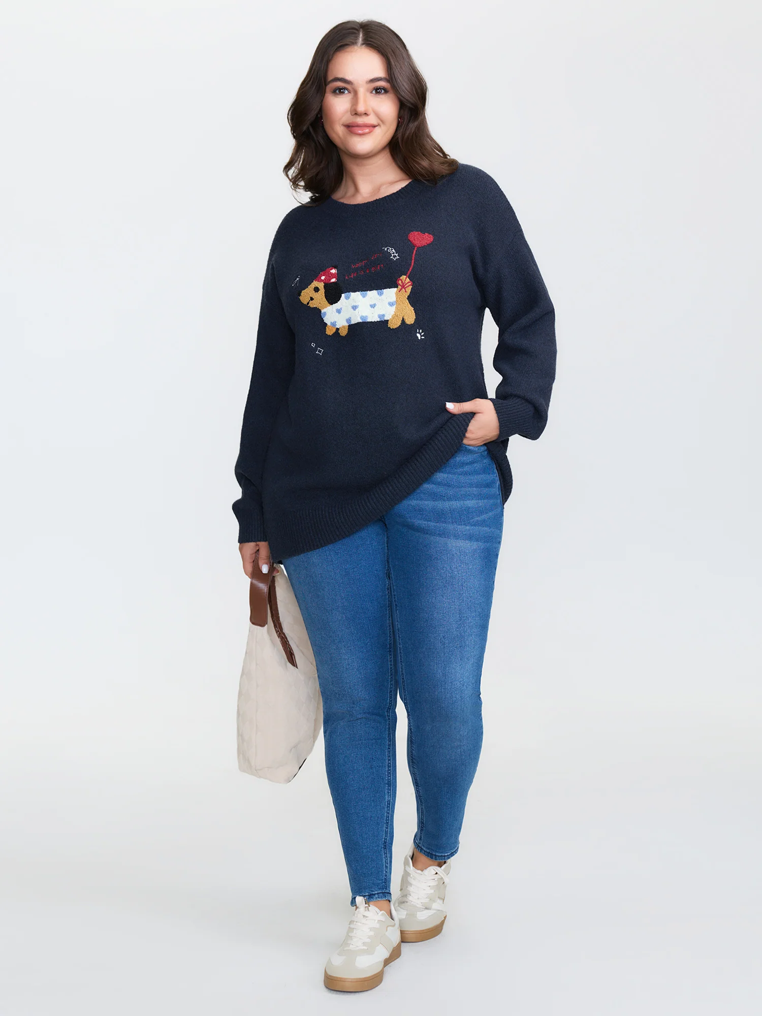 Happy Day Embroidered Motif Drop Shoulder Pullover - Image 3