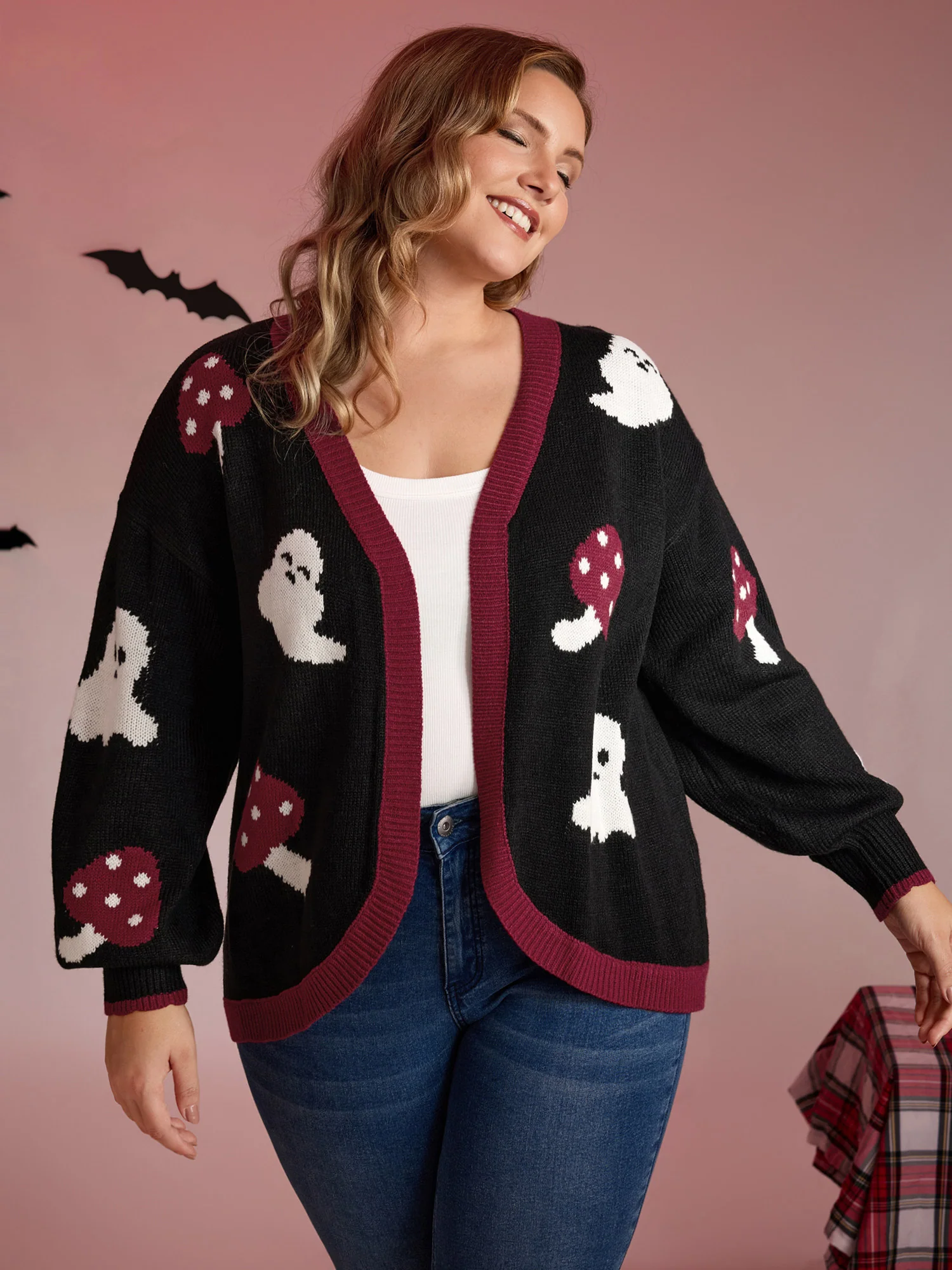 Happy Ghost Curvy Hem Open-Front Cardigan - Image 2