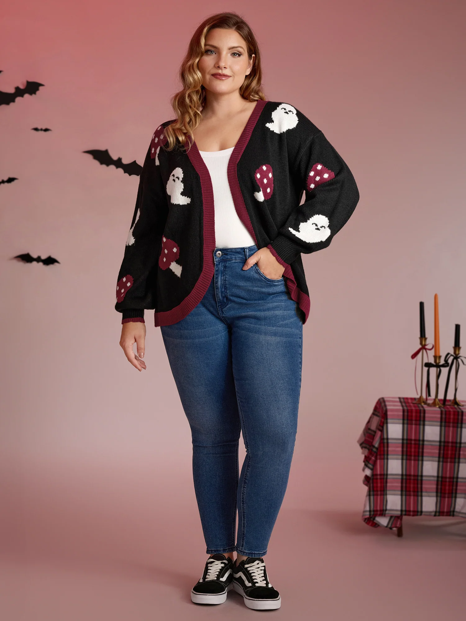 Happy Ghost Curvy Hem Open-Front Cardigan - Image 3