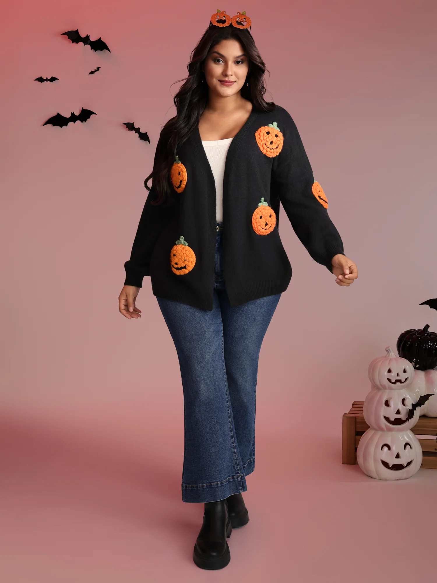 Happy Pumpkin Crochet Knit Cardigan - Image 3