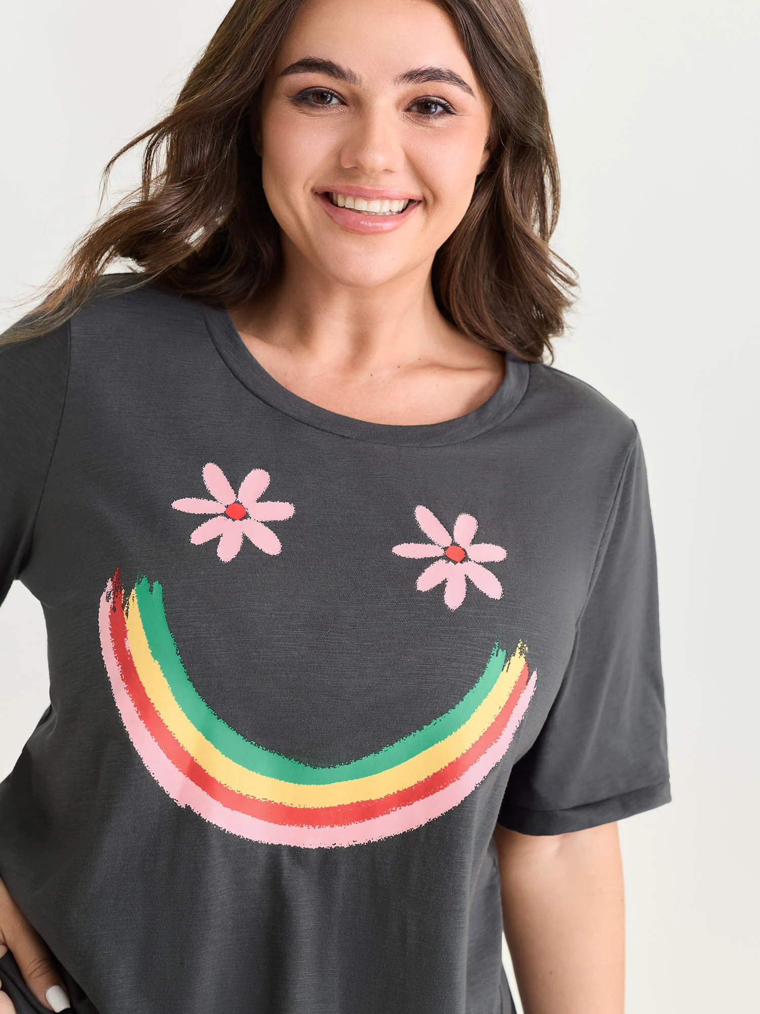 Happy Rainbow Print Round Neck T-Shirt - Image 2