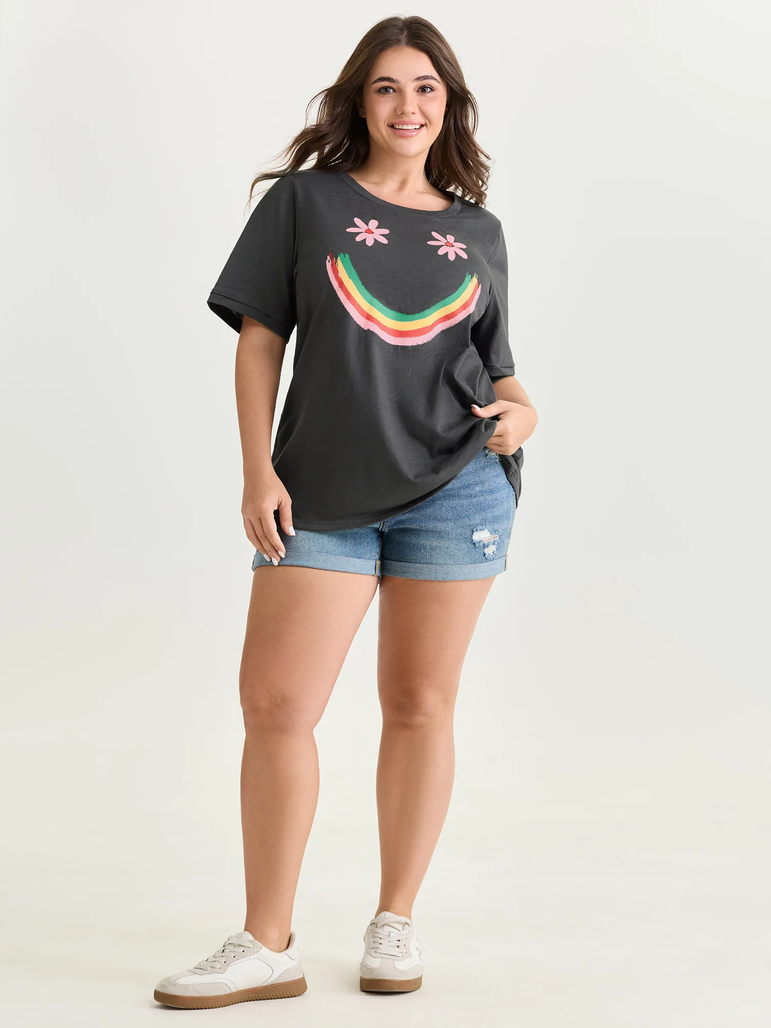 Happy Rainbow Print Round Neck T-Shirt - Image 3