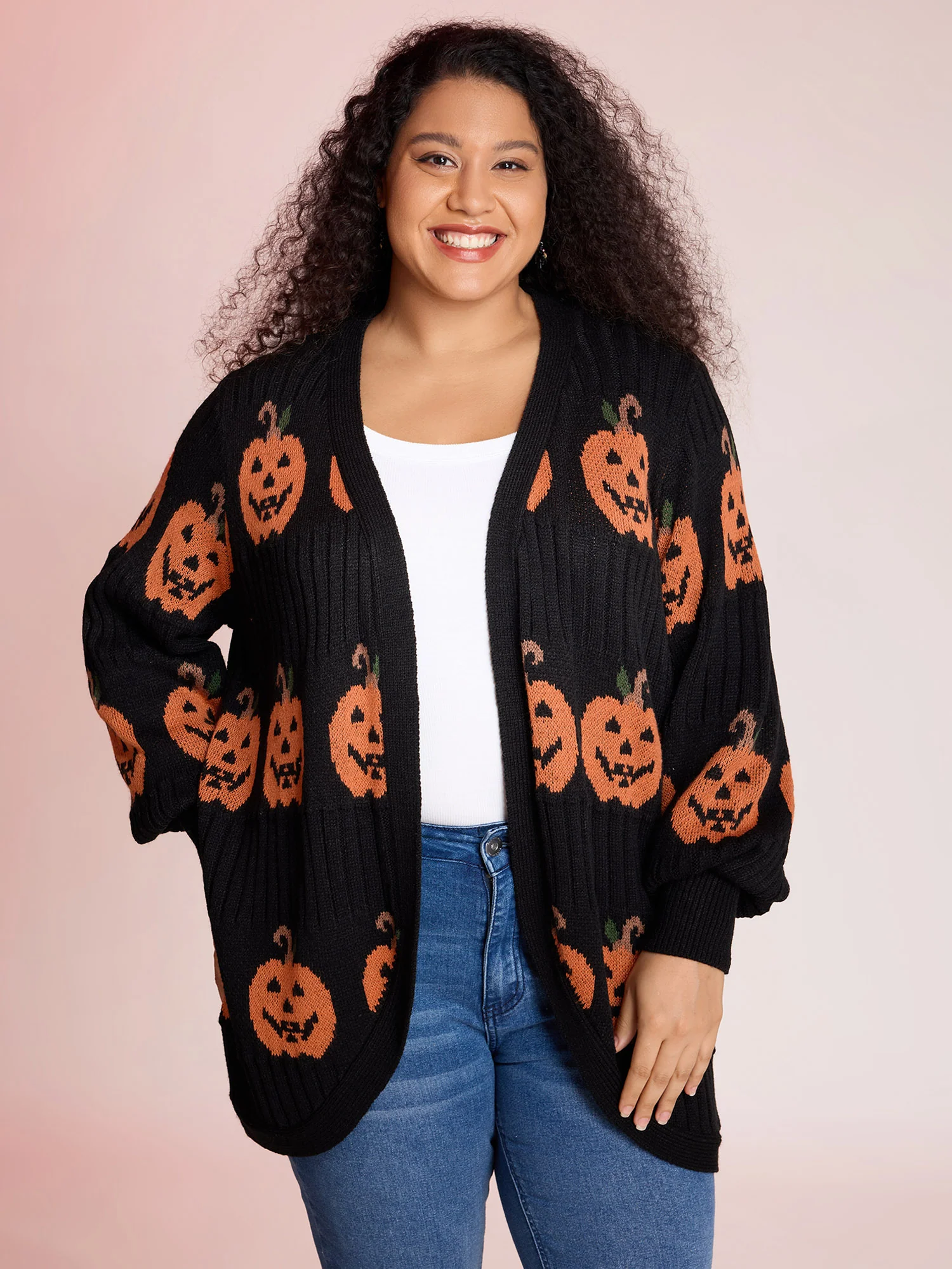 Haunted Pumpkin Print Curvy Hem Knit Cardigan - Image 2