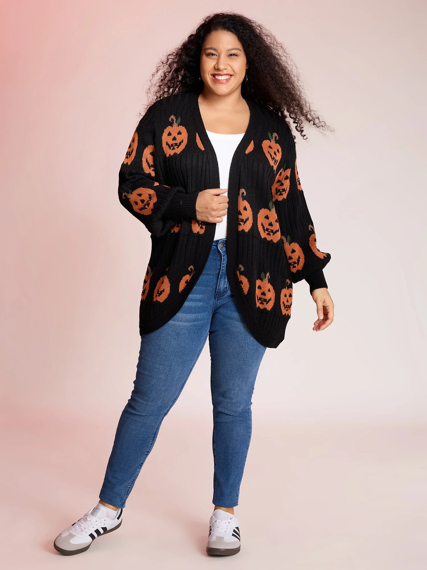 Haunted Pumpkin Print Curvy Hem Knit Cardigan - Image 3