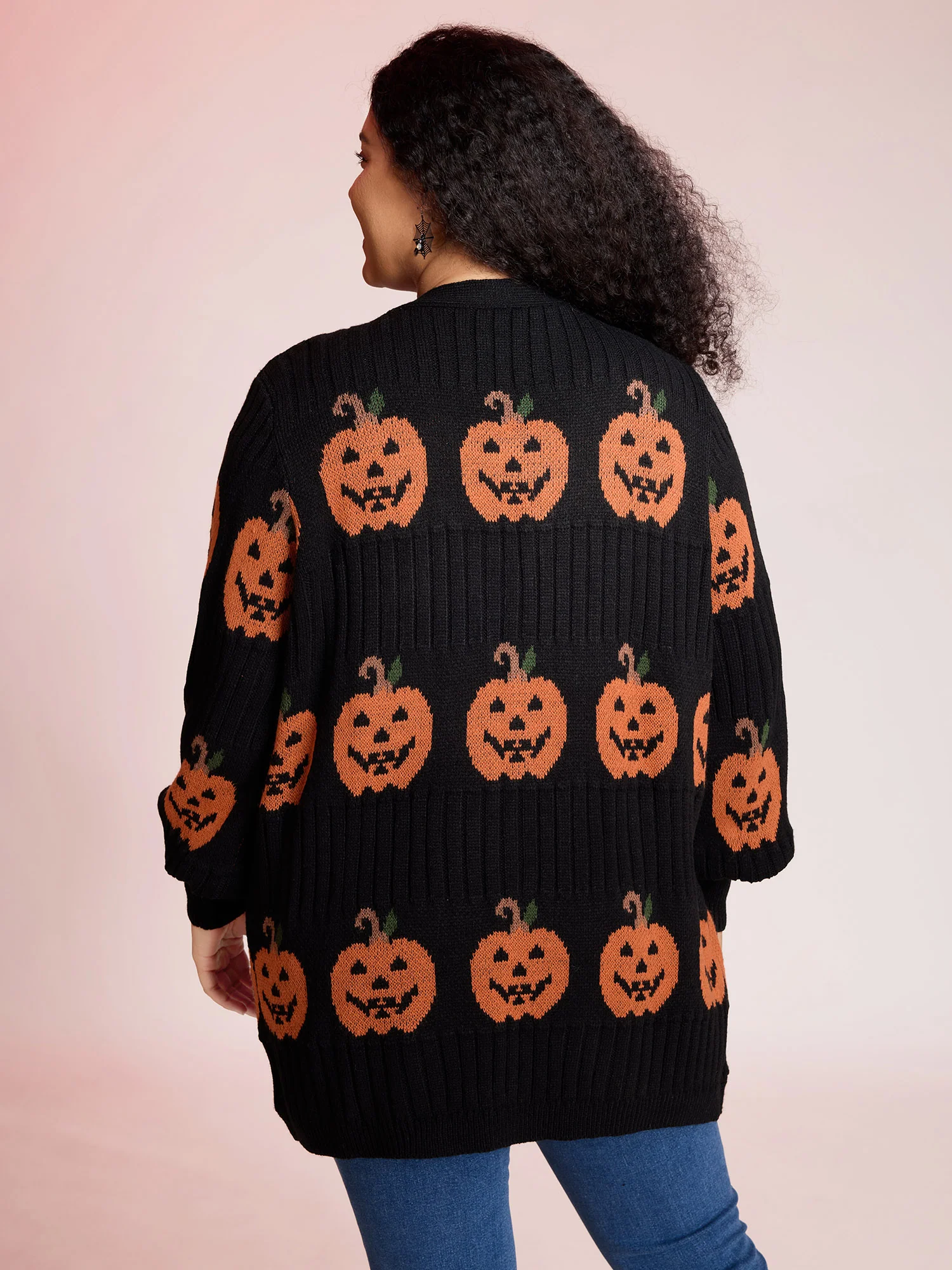 Haunted Pumpkin Print Curvy Hem Knit Cardigan - Image 4