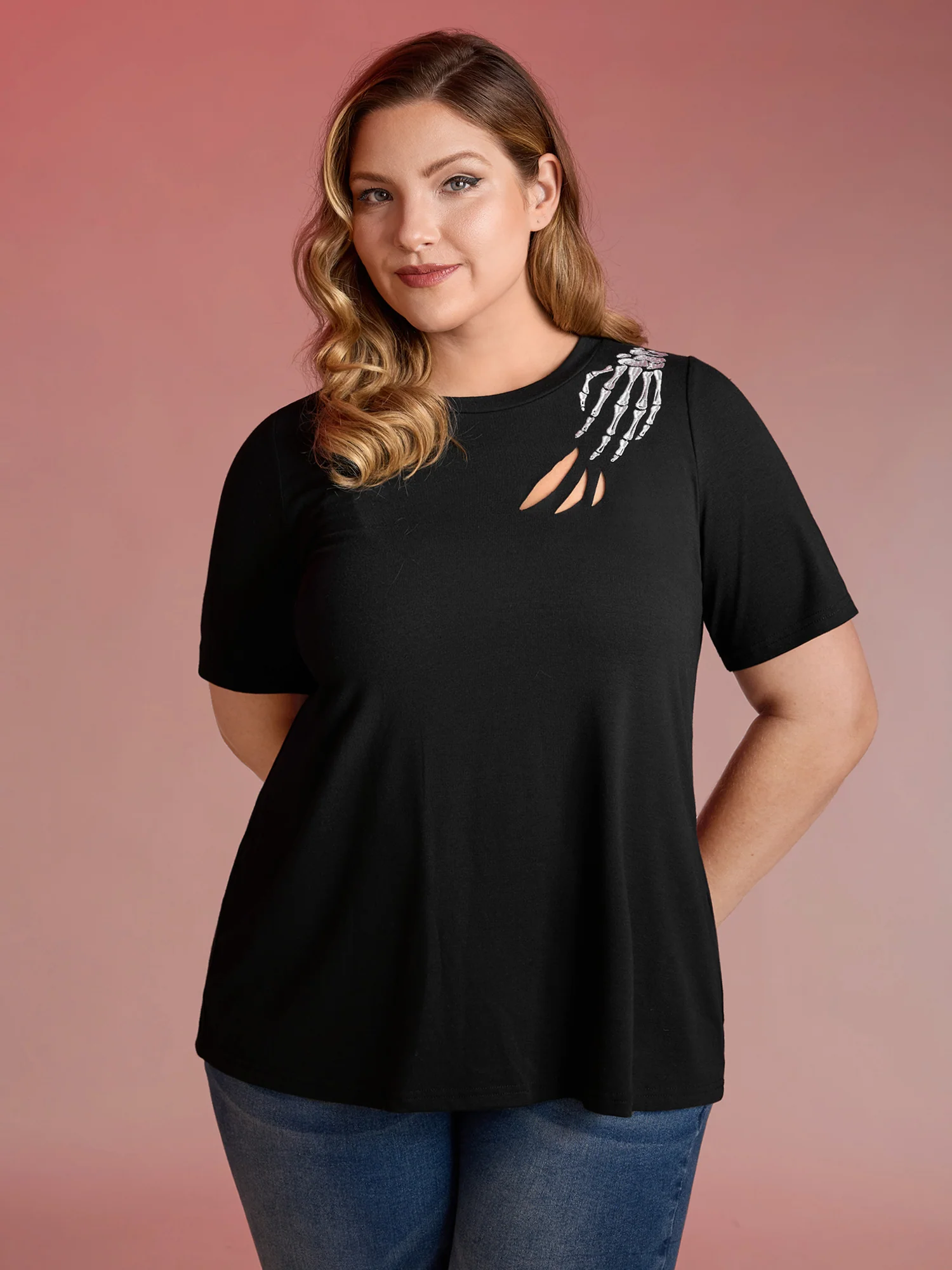 Haunted Skeleton Hand Embroidery T-Shirt - Image 2