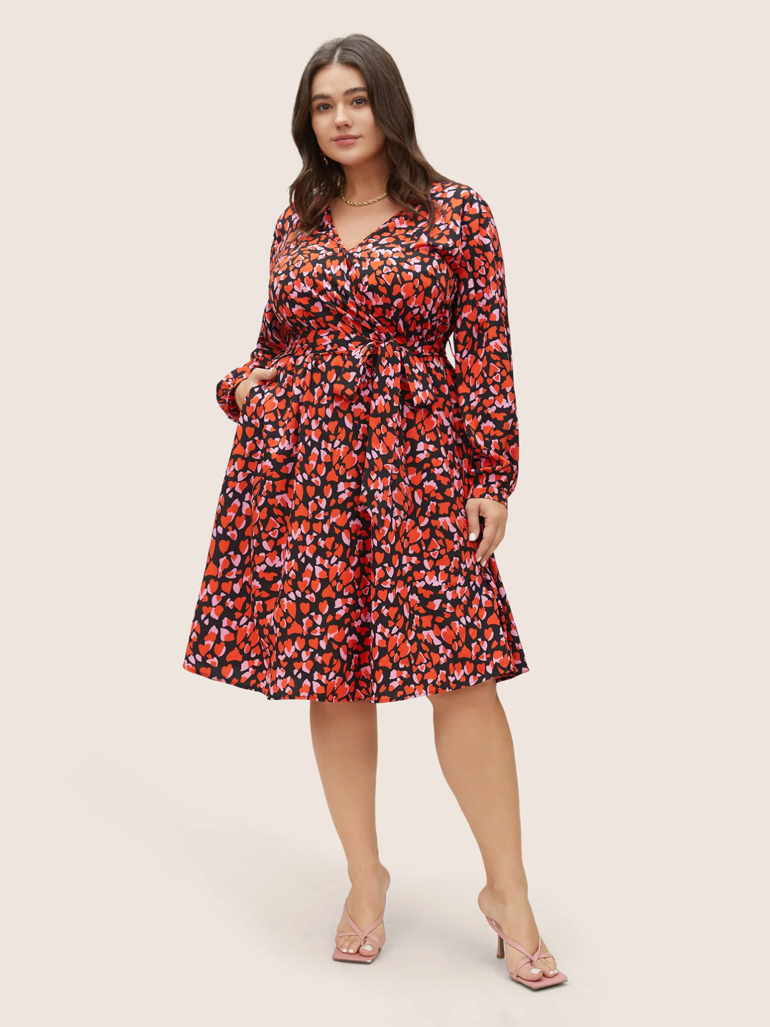 Heart Allover Print Belted Surplice Neck Dress - Image 2